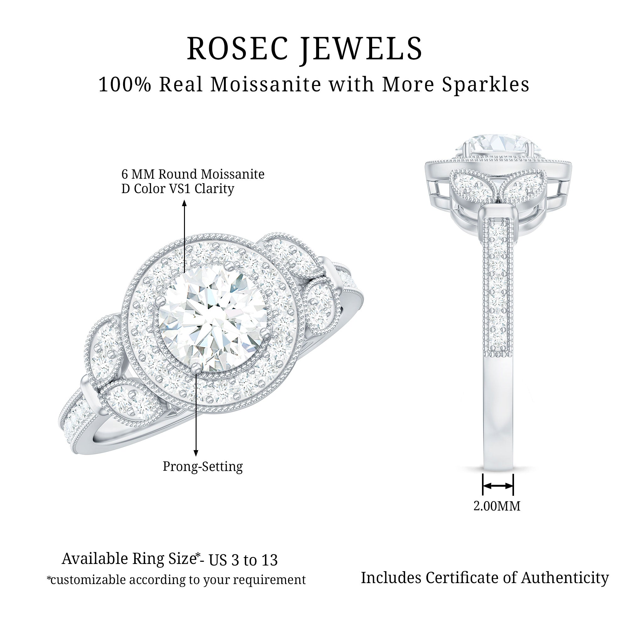Vintage Inspired Moissanite Halo Engagement Ring D-VS1 - Rosec Jewels