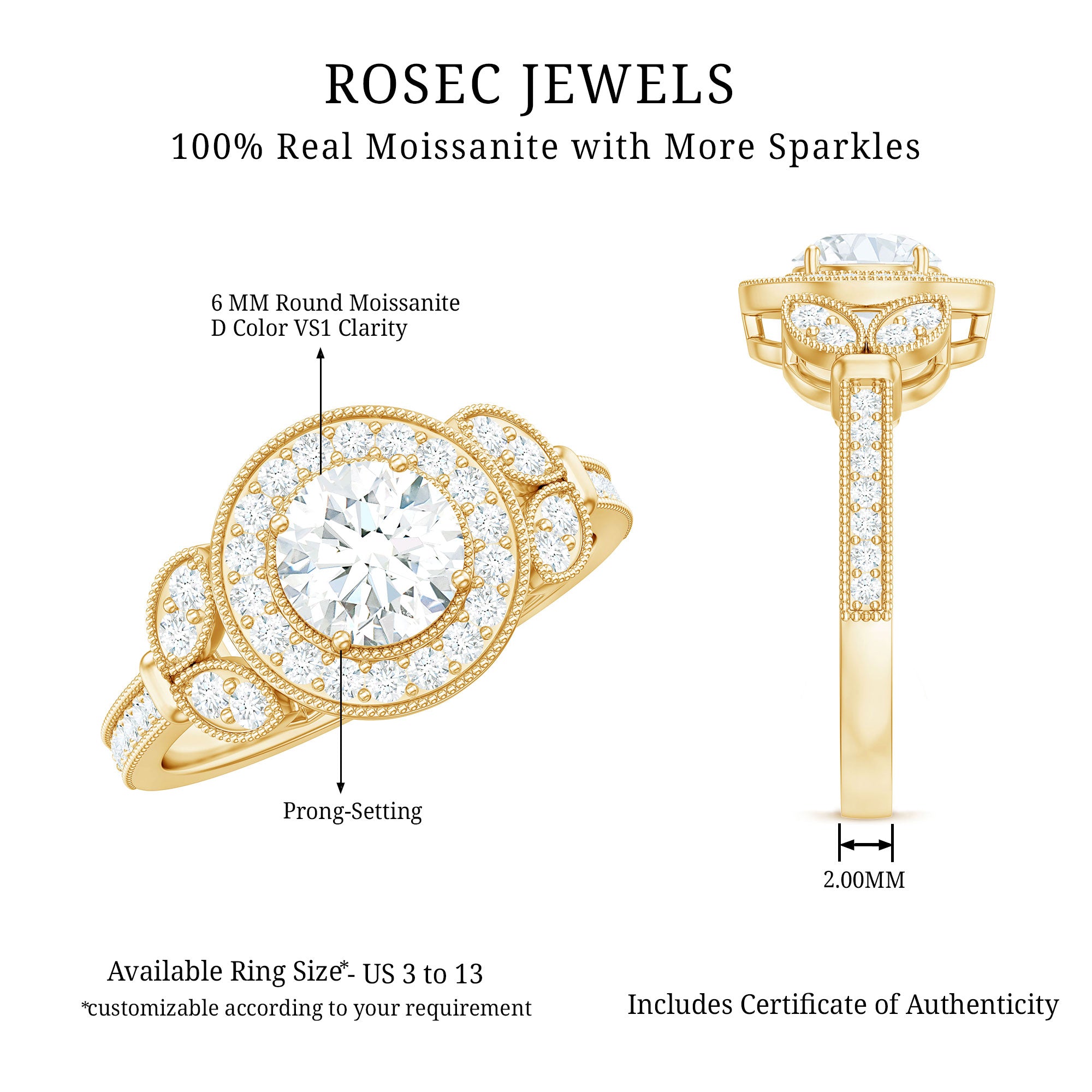 Vintage Inspired Moissanite Halo Engagement Ring D-VS1 - Rosec Jewels