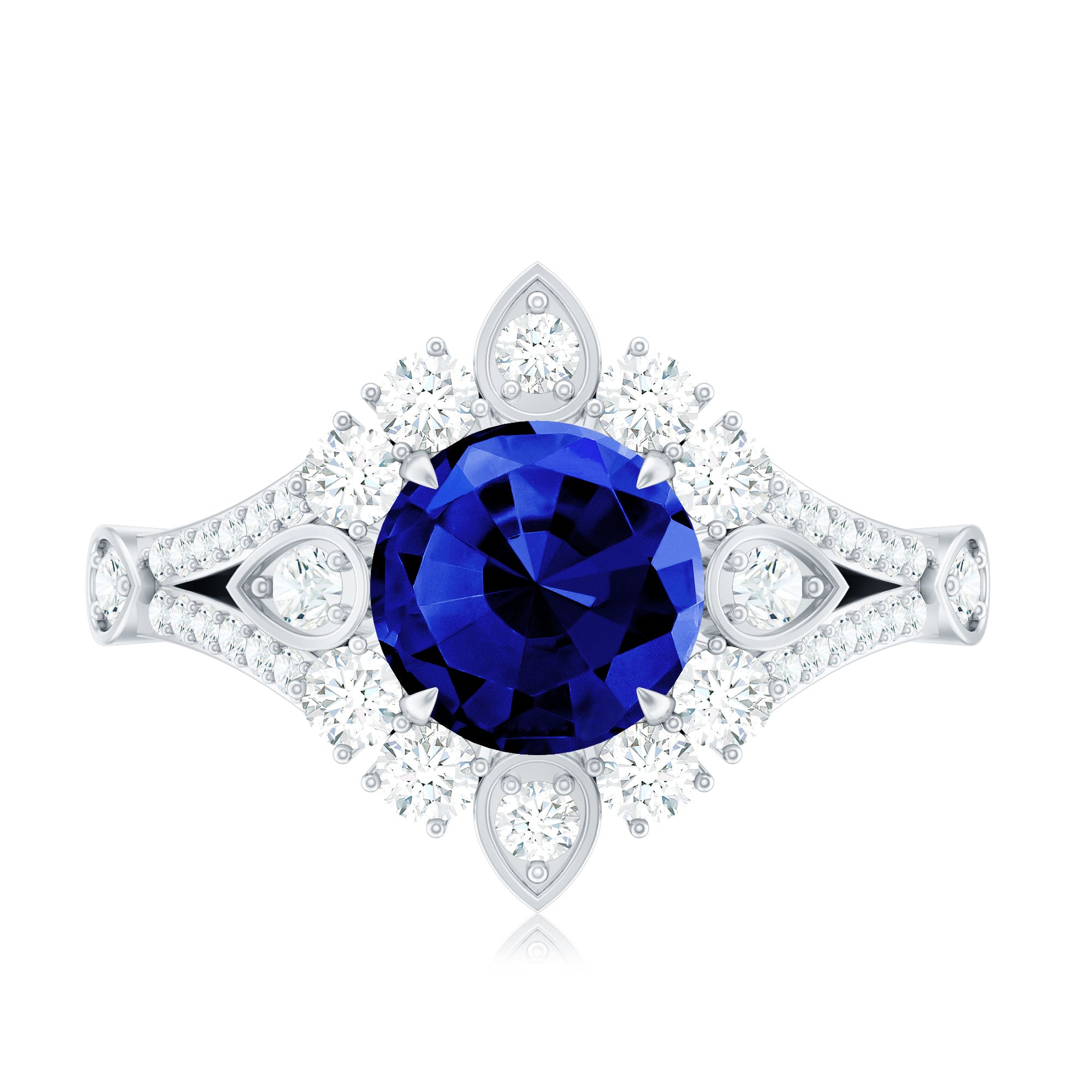 Certified 2.7 Carat Lab Grown Blue Sapphire Flower Engagement Ring with Diamond AAAA - Rosec Jewels