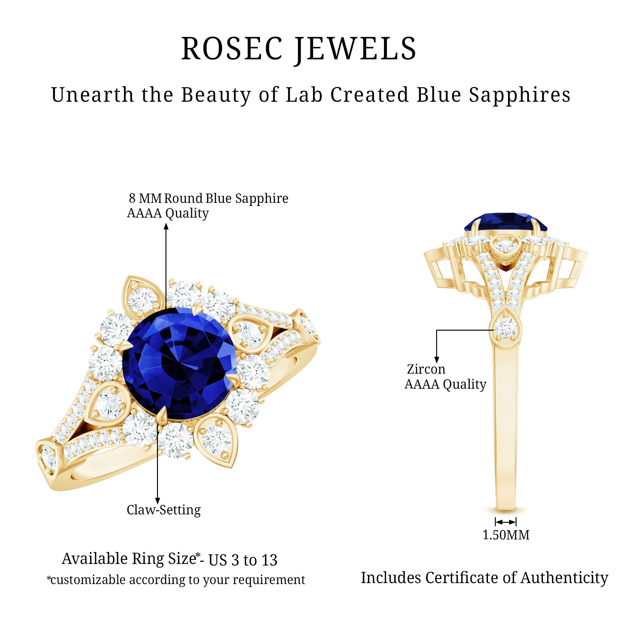 Certified 2.7 Carat Lab Grown Blue Sapphire Flower Engagement Ring with Diamond AAAA - Rosec Jewels