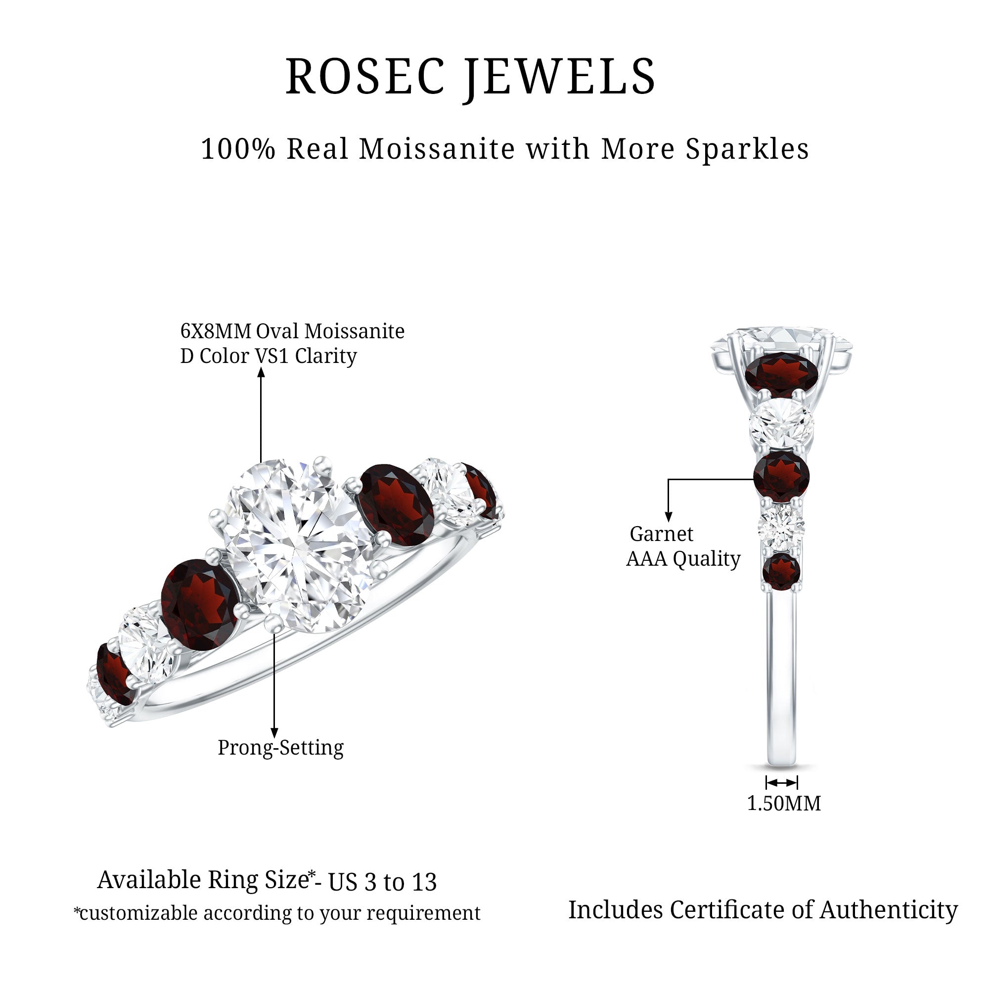 Moissanite 6X8 MM Oval Engagement Ring with Garnet D-VS1 - Rosec Jewels