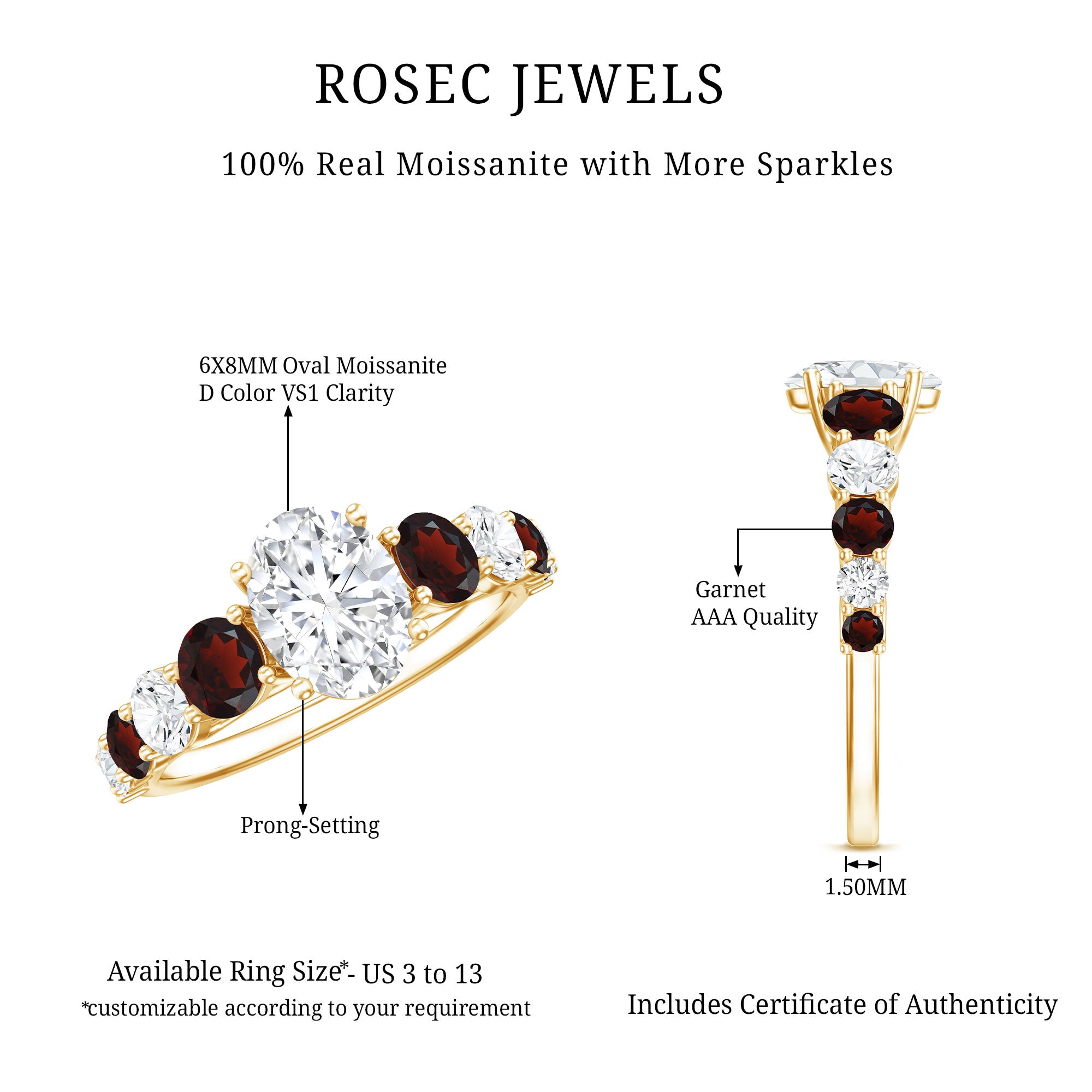 Moissanite 6X8 MM Oval Engagement Ring with Garnet D-VS1 - Rosec Jewels
