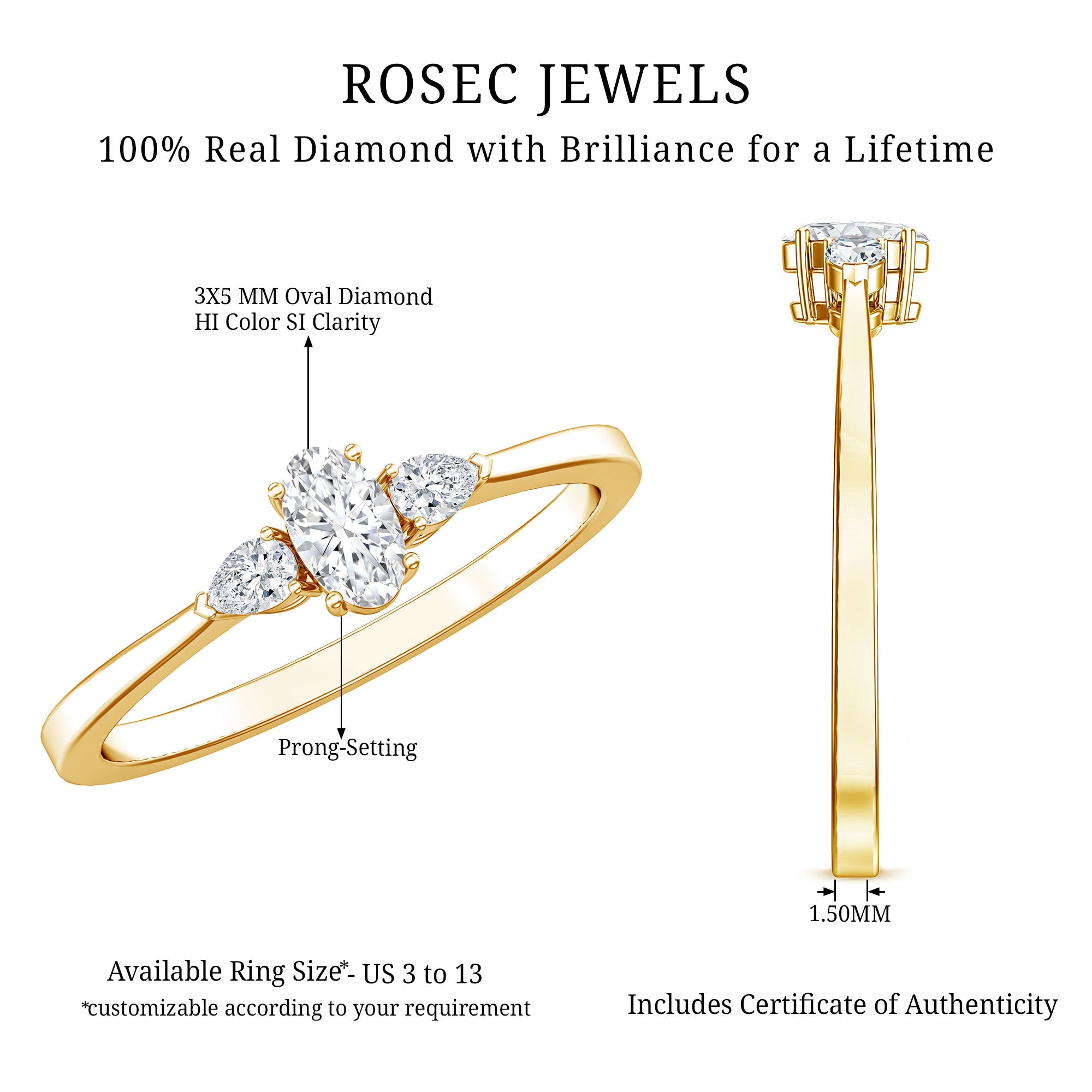 Real Diamond 3 Stone Promise Ring for Valentines Natural - ( HI-SI ) - Rosec Jewels
