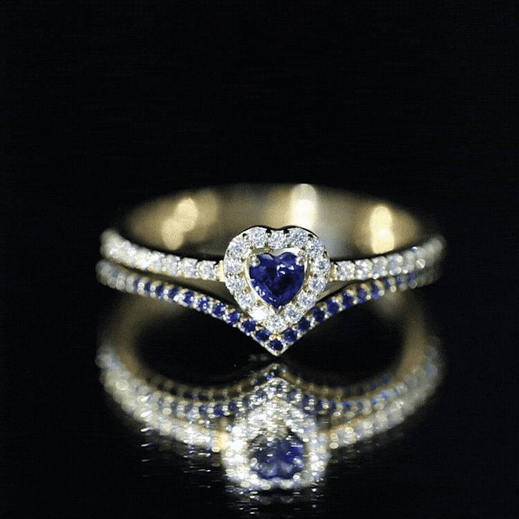 Certified Lab Grown Blue Sapphire Heart Engagement Ring Set with Real Diamond AAAA - Rosec Jewels