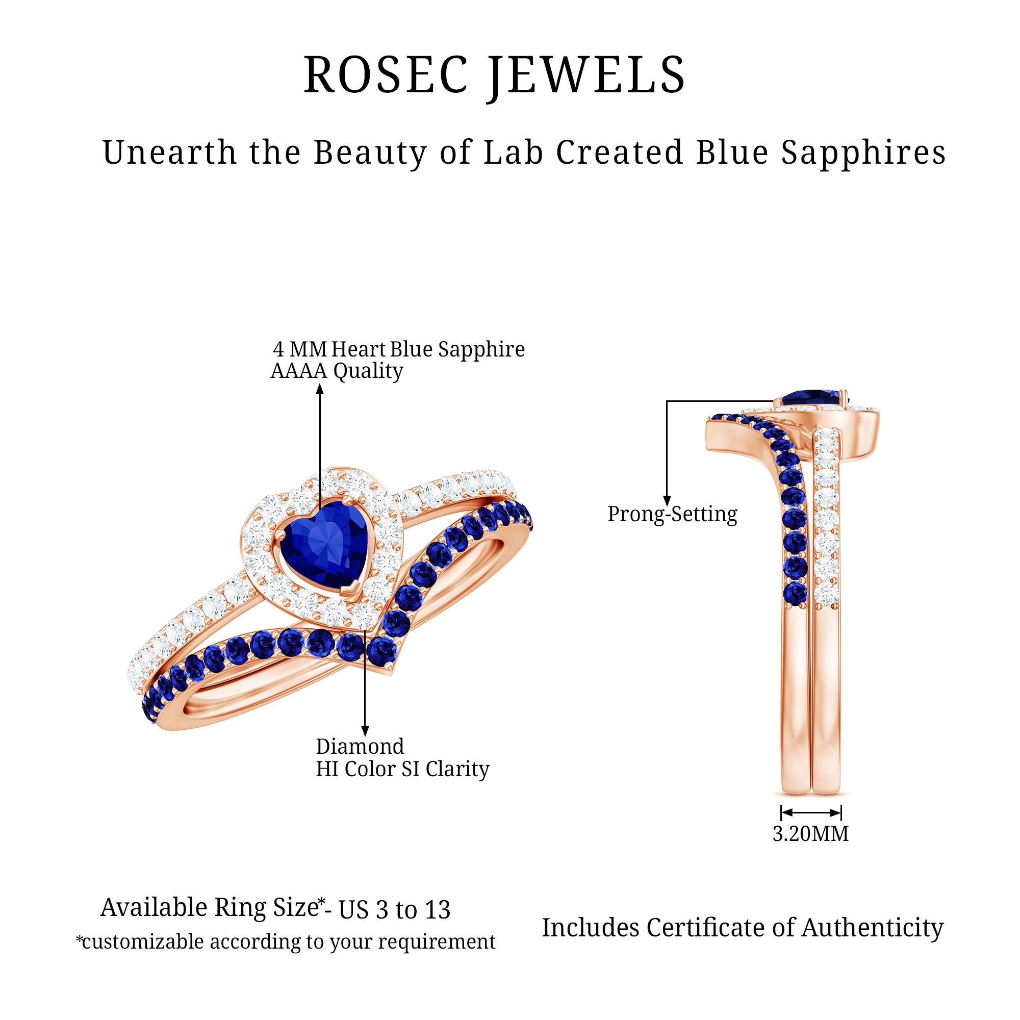 Certified Lab Grown Blue Sapphire Heart Engagement Ring Set with Real Diamond AAAA - Rosec Jewels