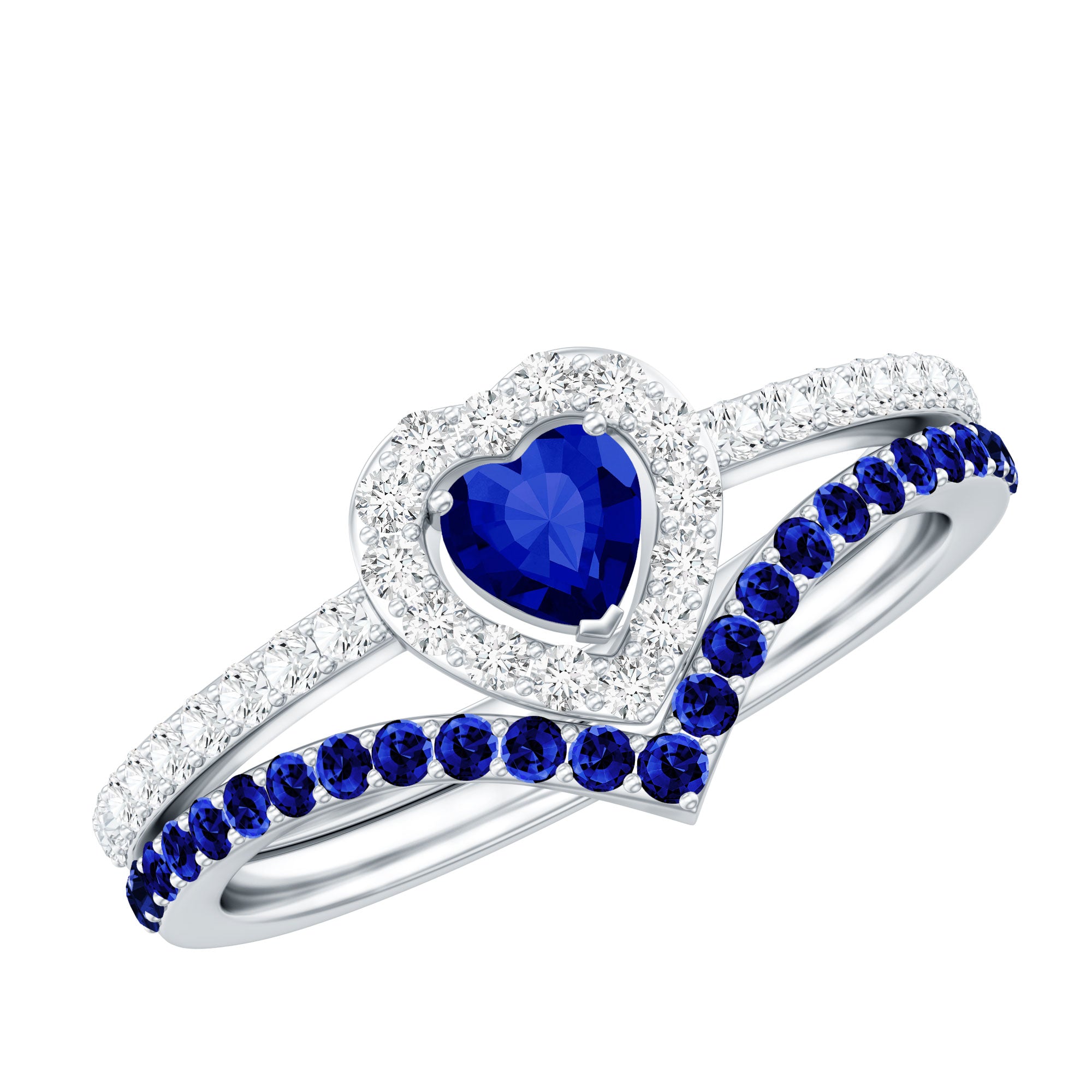 Certified Lab Grown Blue Sapphire Heart Engagement Ring Set with Real Diamond AAAA - Rosec Jewels