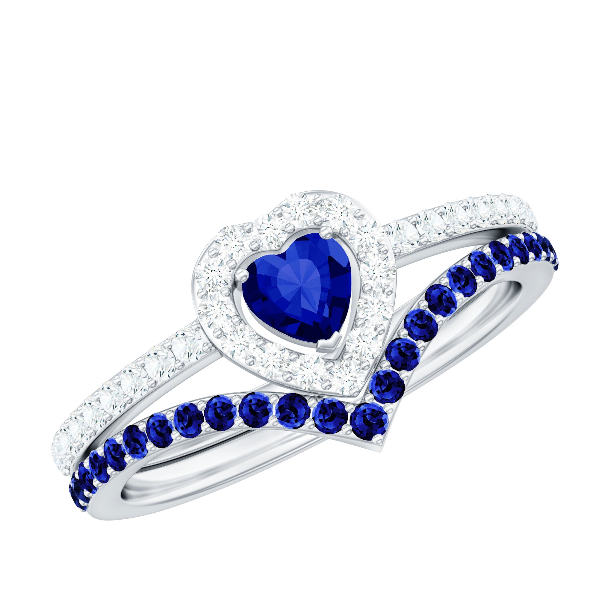 Certified Lab Grown Blue Sapphire Heart Engagement Ring Set with Real Diamond AAAA - Rosec Jewels