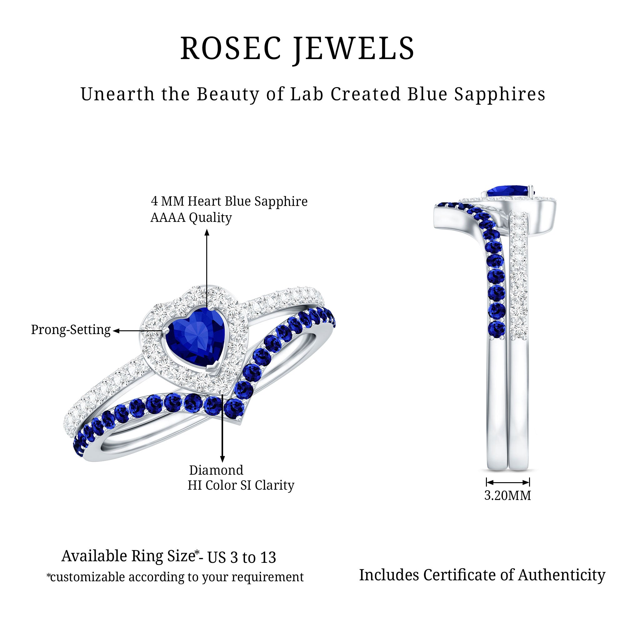 Certified Lab Grown Blue Sapphire Heart Engagement Ring Set with Real Diamond AAAA - Rosec Jewels