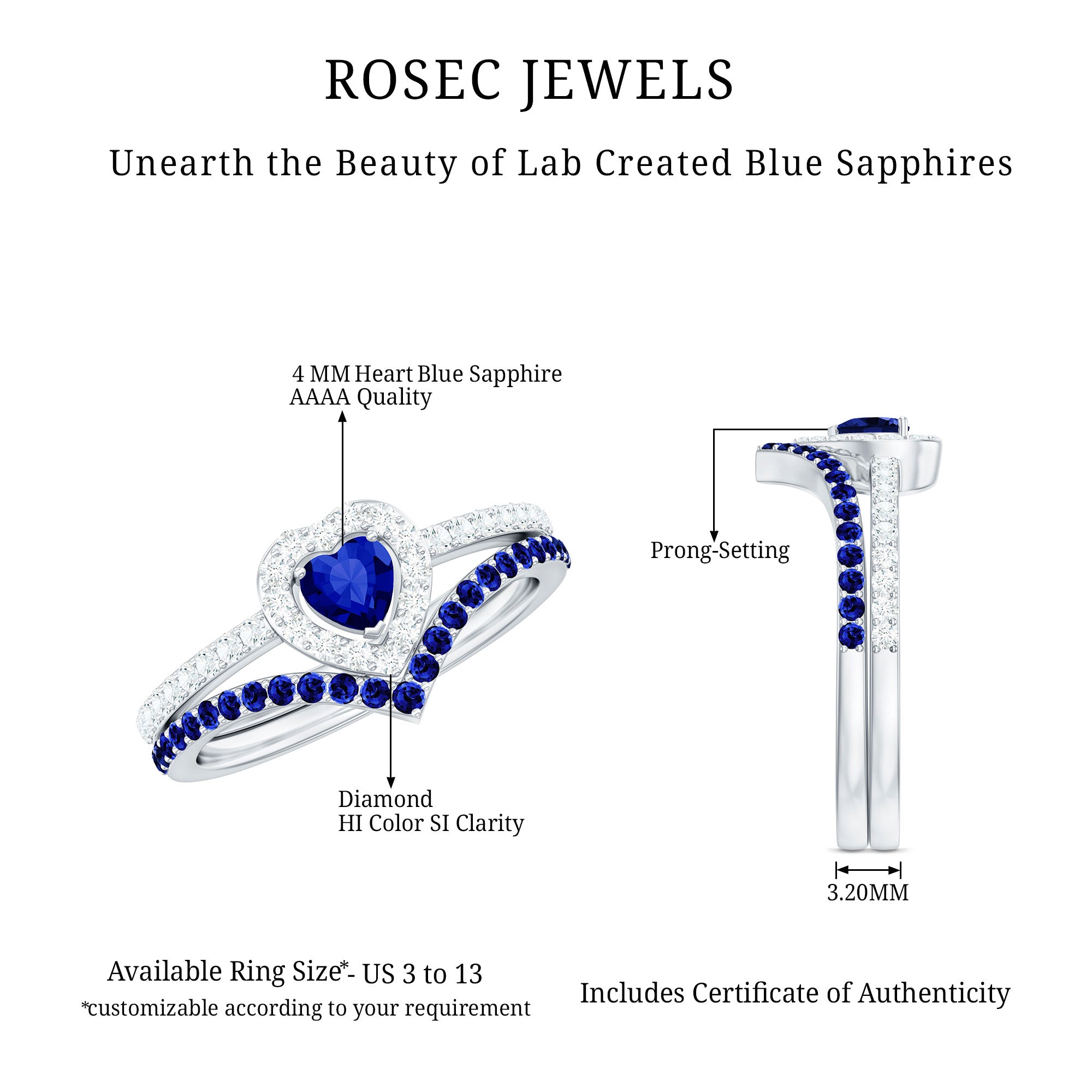 Certified Lab Grown Blue Sapphire Heart Engagement Ring Set with Real Diamond AAAA - Rosec Jewels