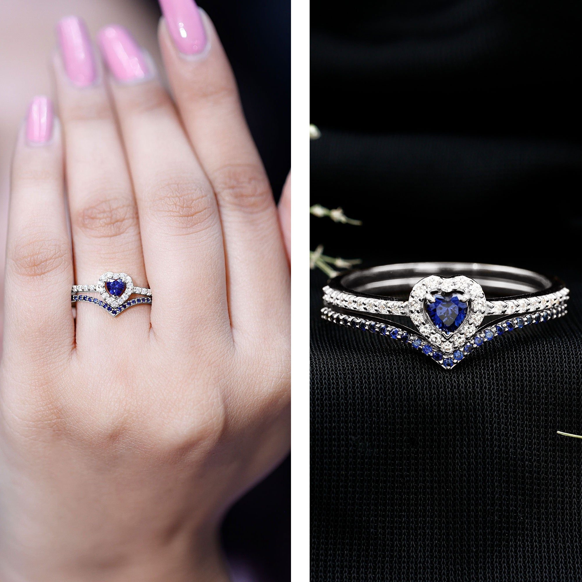 Certified Lab Grown Blue Sapphire Heart Engagement Ring Set with Real Diamond AAAA - Rosec Jewels