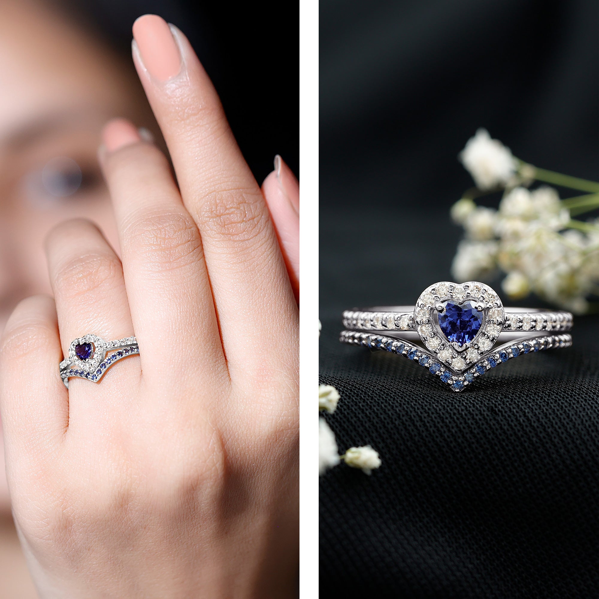 Certified Lab Grown Blue Sapphire Heart Engagement Ring Set with Real Diamond AAAA - Rosec Jewels