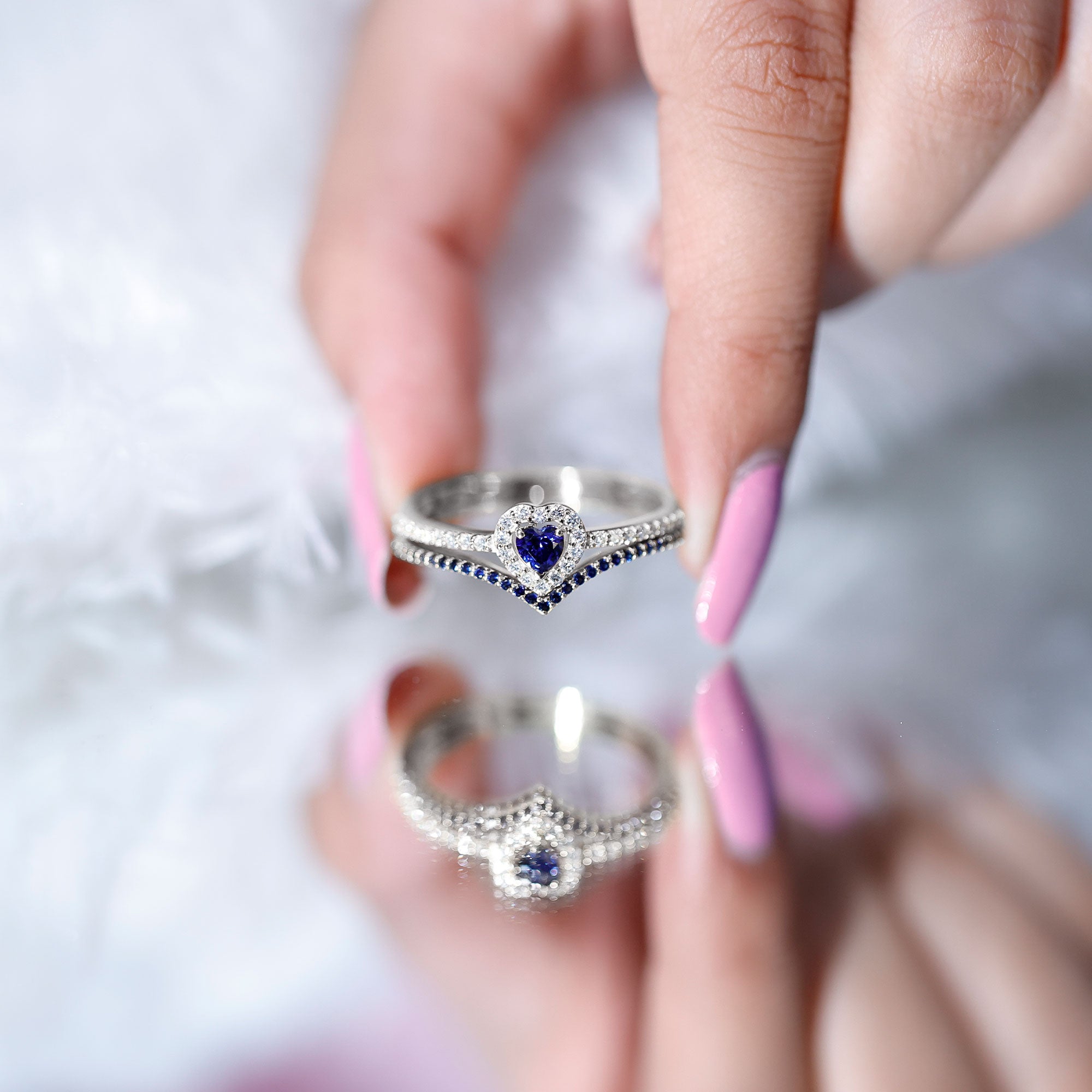 Certified Lab Grown Blue Sapphire Heart Engagement Ring Set with Real Diamond AAAA - Rosec Jewels