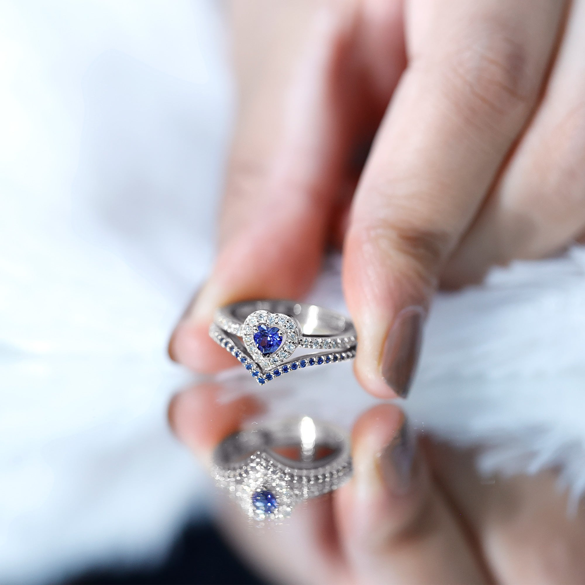 Certified Lab Grown Blue Sapphire Heart Engagement Ring Set with Real Diamond AAAA - Rosec Jewels