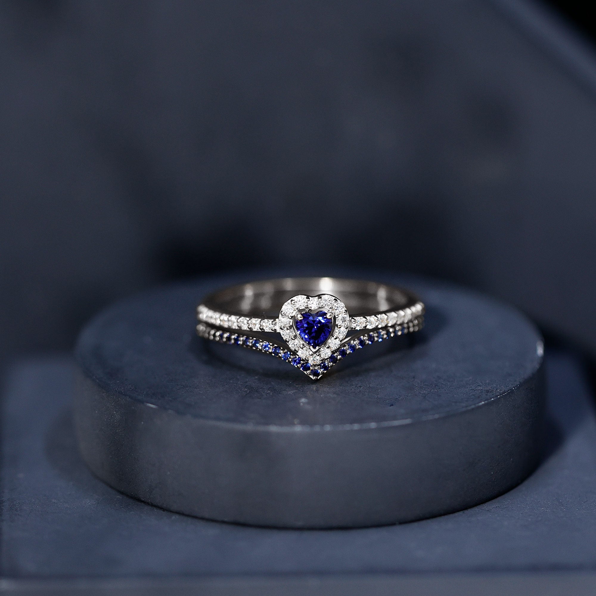 Certified Lab Grown Blue Sapphire Heart Engagement Ring Set with Real Diamond AAAA - Rosec Jewels
