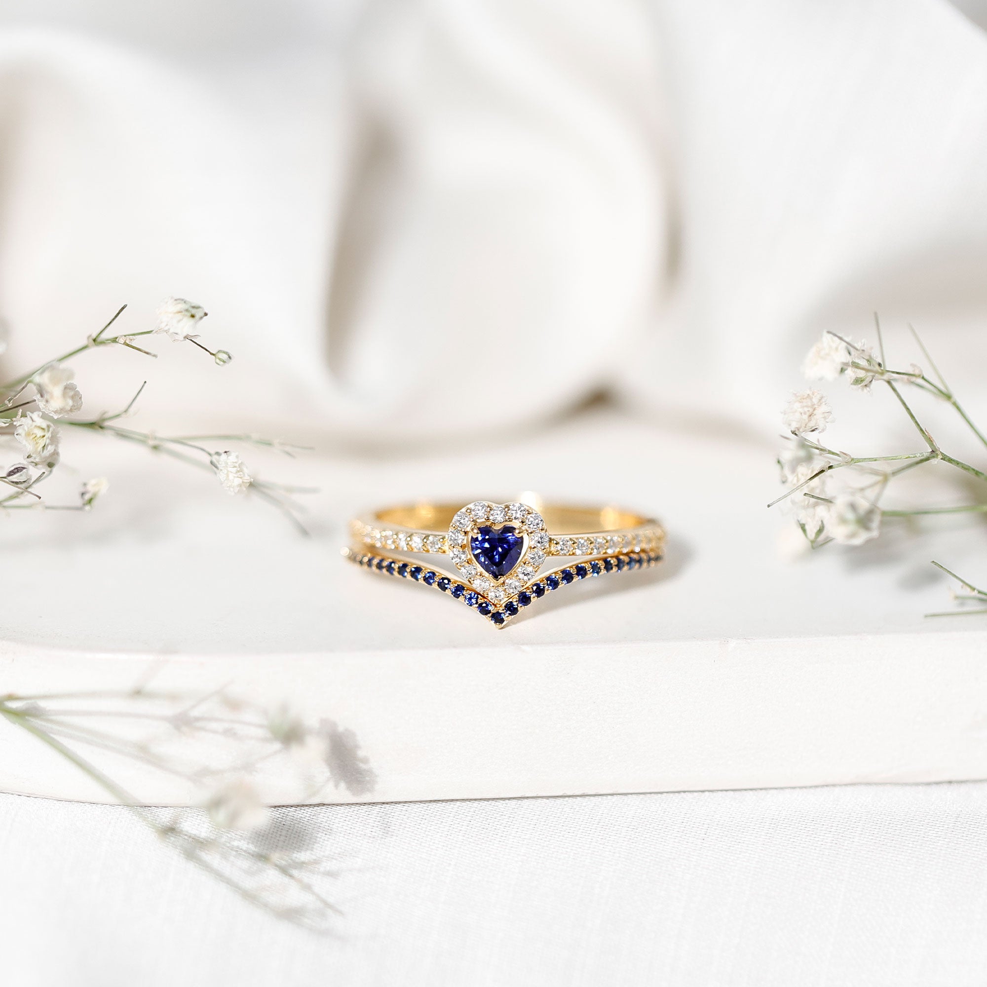 Certified Lab Grown Blue Sapphire Heart Engagement Ring Set with Real Diamond AAAA - Rosec Jewels