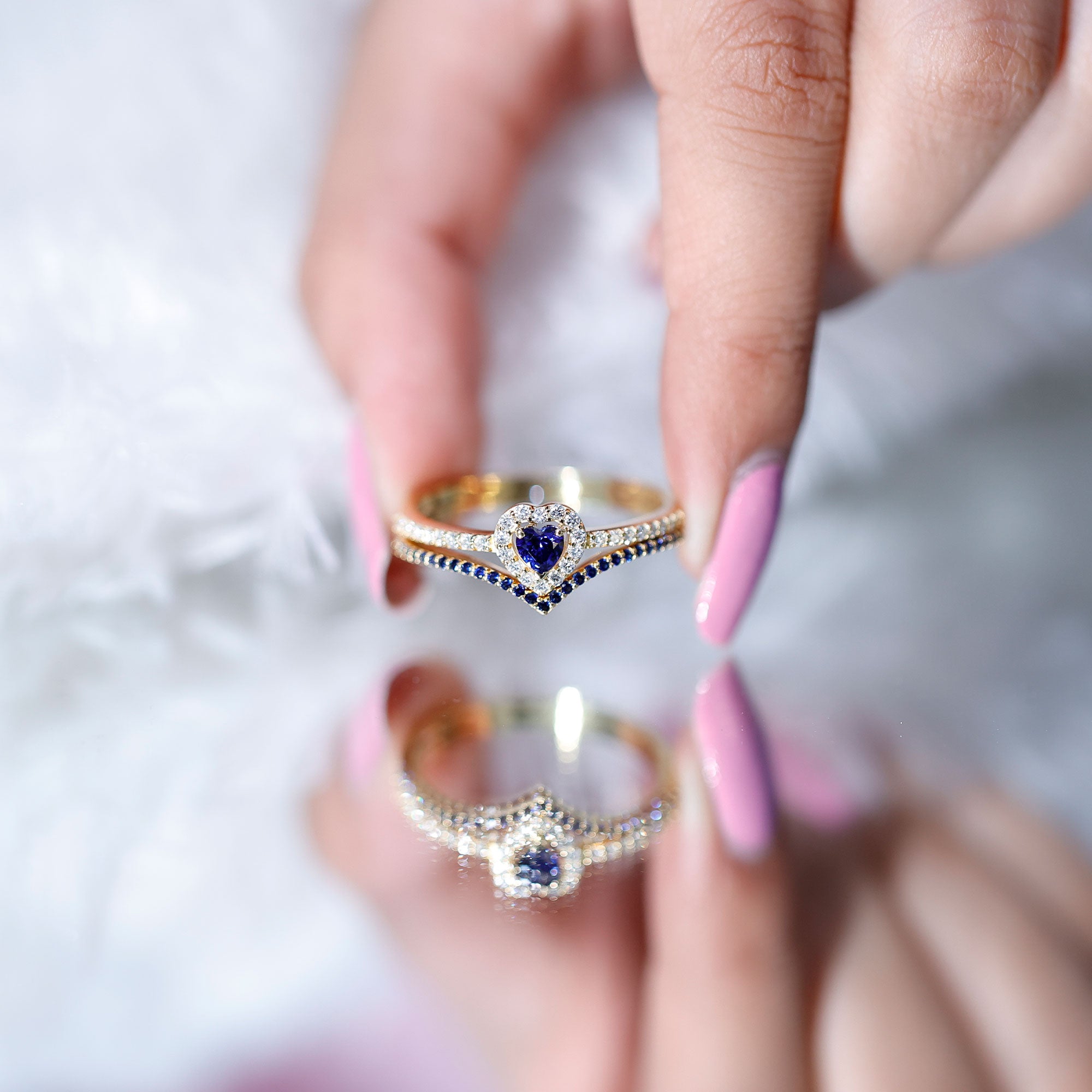 Certified Lab Grown Blue Sapphire Heart Engagement Ring Set with Real Diamond AAAA - Rosec Jewels