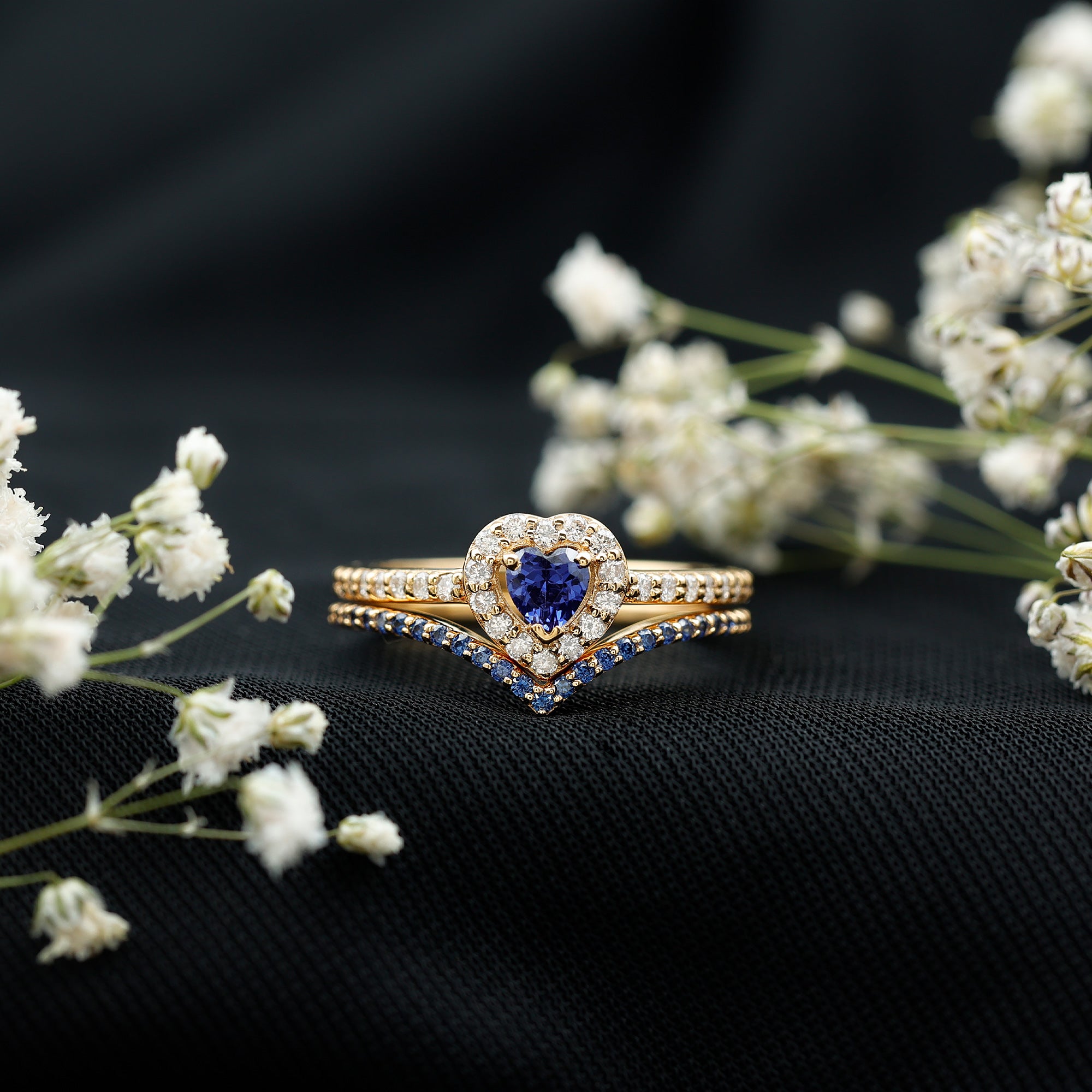 Certified Lab Grown Blue Sapphire Heart Engagement Ring Set with Real Diamond AAAA - Rosec Jewels