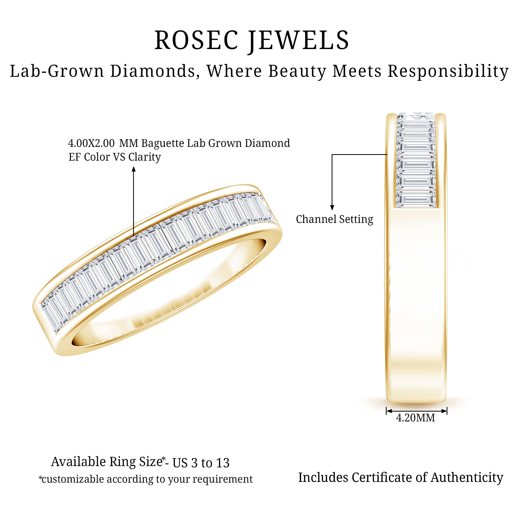 1 CT Baguette Cut Lab Grown Diamond Half Eternity Band Lab - ( EF-VS ) - Rosec Jewels