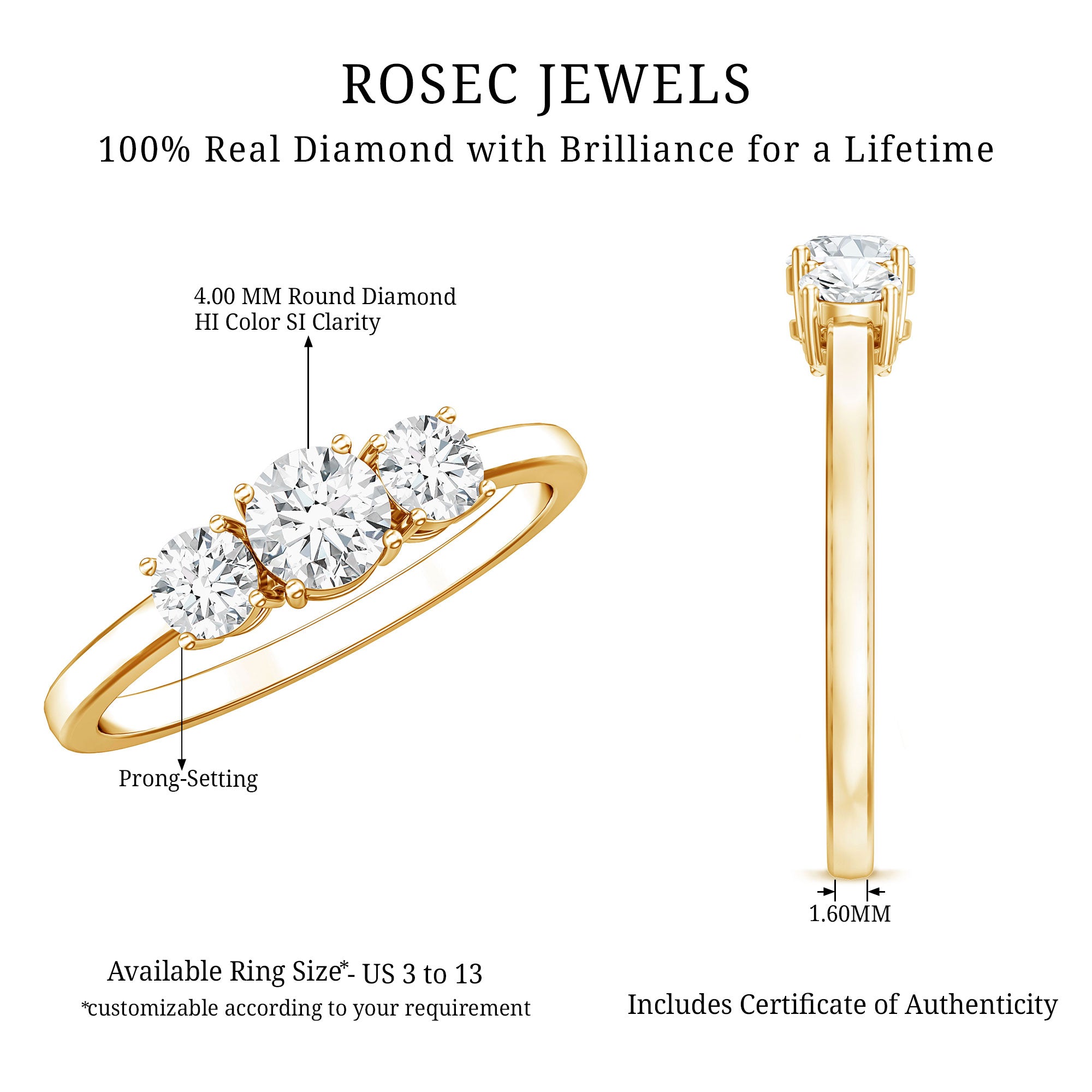 Natural Diamond 3 Stone Engagement Ring with Certificate Natural - ( HI-SI ) - Rosec Jewels