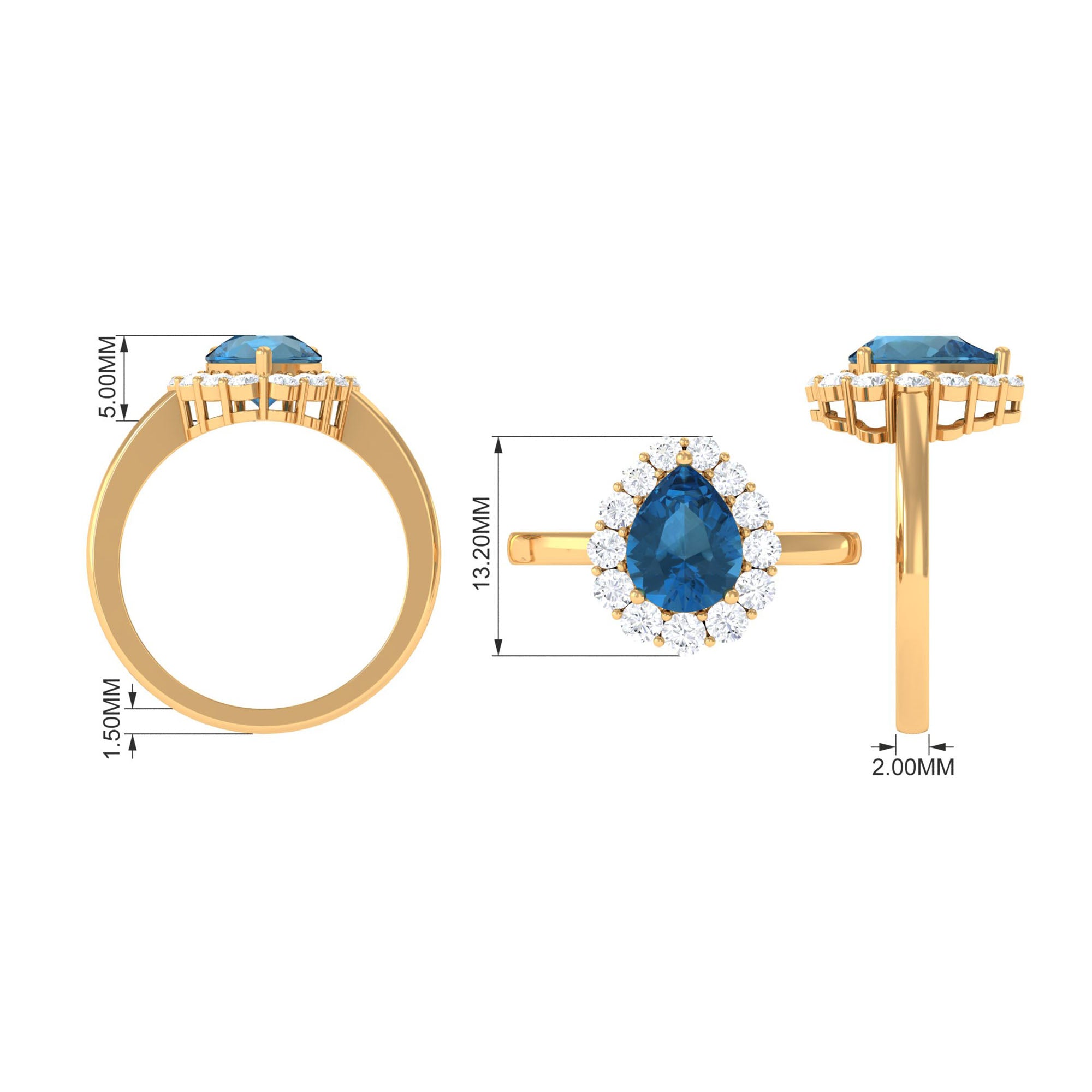 7x10mm Pear Shape London Blue Topaz Halo Engagement Ring with Diamond AAA - Rosec Jewels