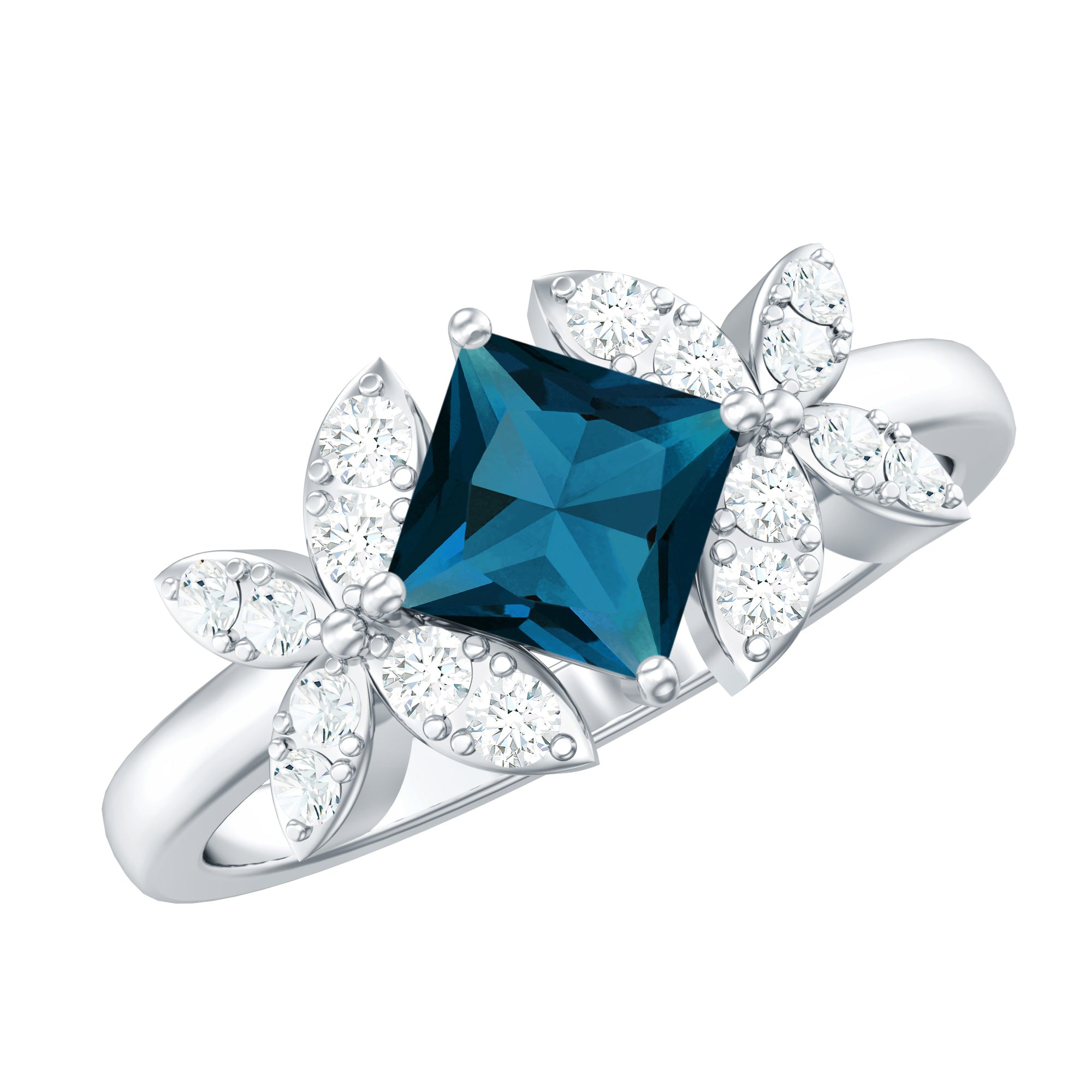 6mm Princess Cut London Blue Topaz Floral Engagement Ring with Diamond