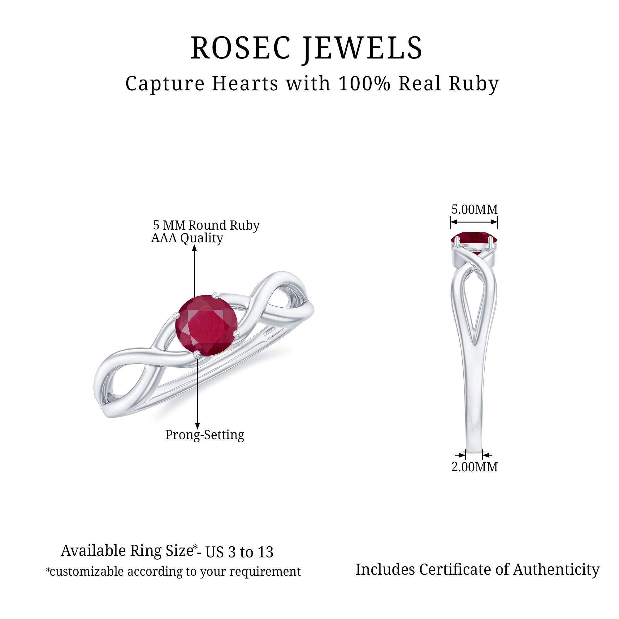 Rosec Jewels-Natural 0.6 Carat Ruby Promise Ring with Crossover Shank