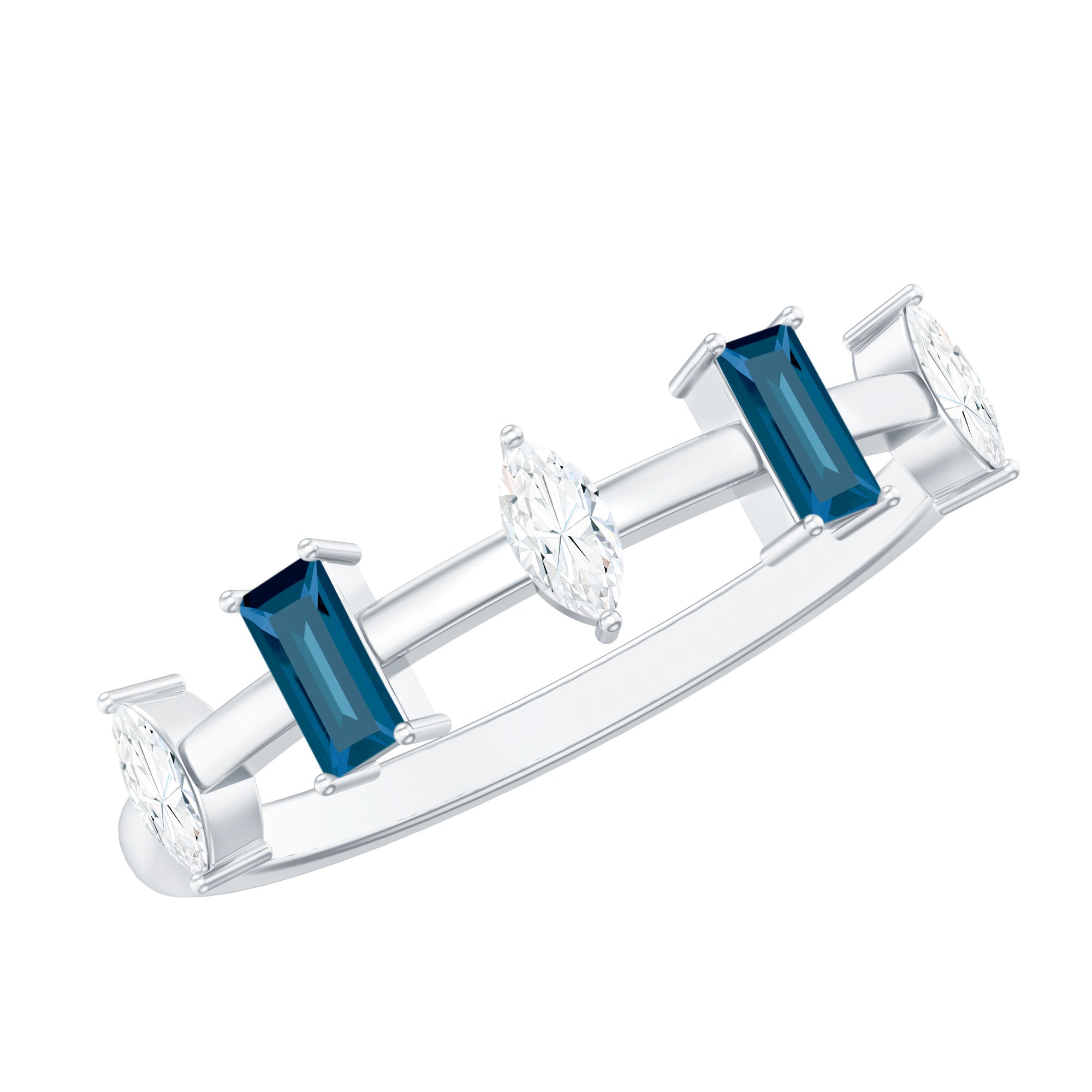 Baguette London Blue Topaz and Marquise Diamond Half Eternity Ring AAA - Rosec Jewels