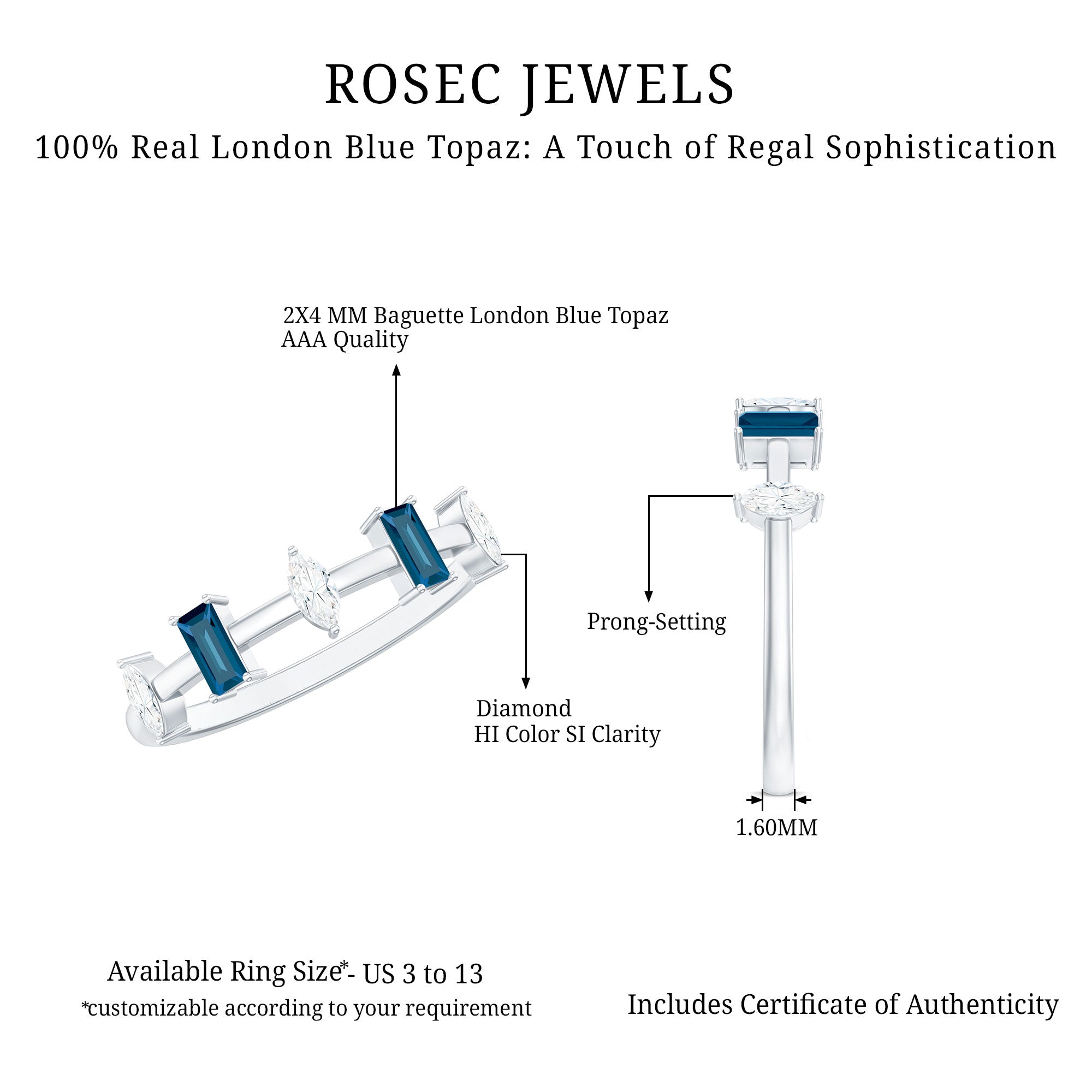 Baguette London Blue Topaz and Marquise Diamond Half Eternity Ring AAA - Rosec Jewels