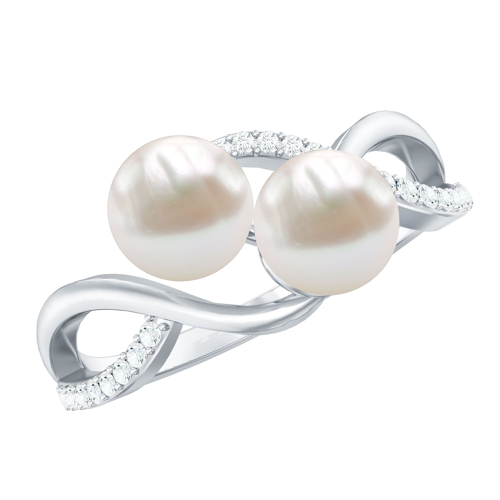 Genuine Freshwater Pearl Toi Et Moi Crossover Ring with Diamond