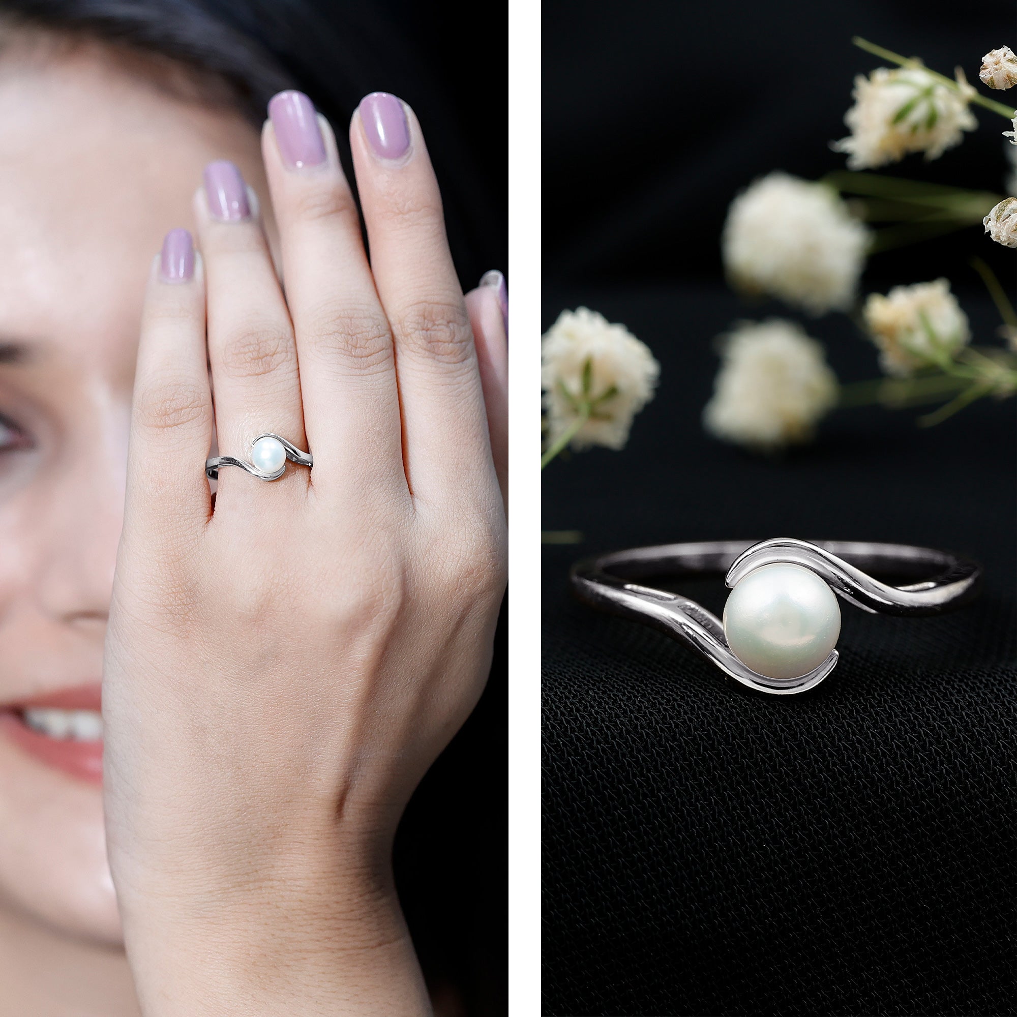 Cultured 2.2 Carat Freshwater Pearl Engagement Ring with Bypass Shank AAA - Rosec Jewels