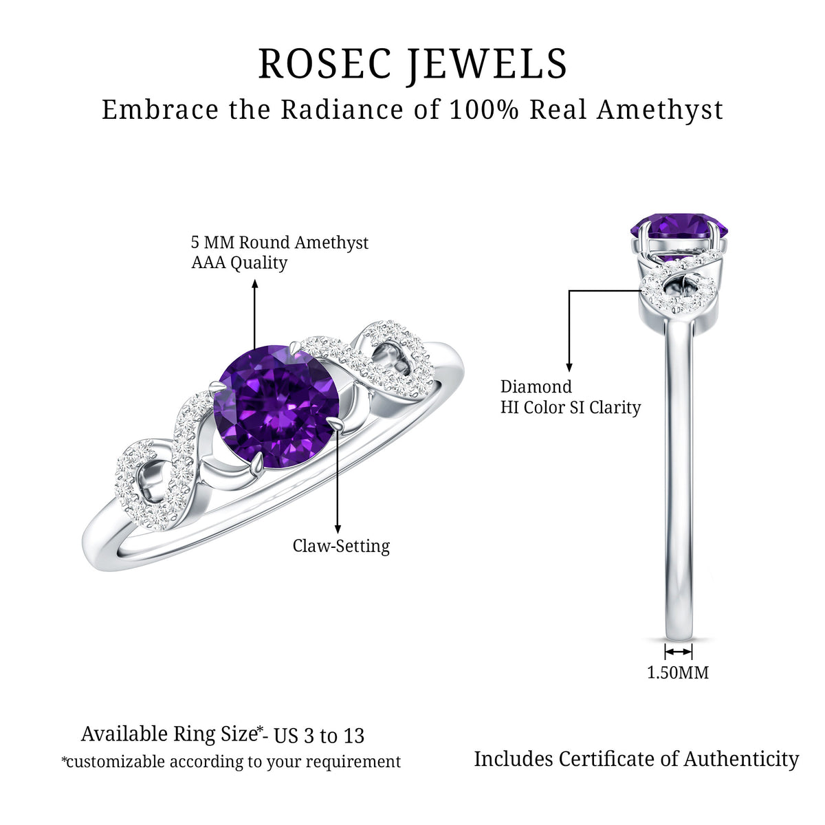 Natural Amethyst Engagement Ring with Diamond Infinity Knot AAA - Rosec Jewels