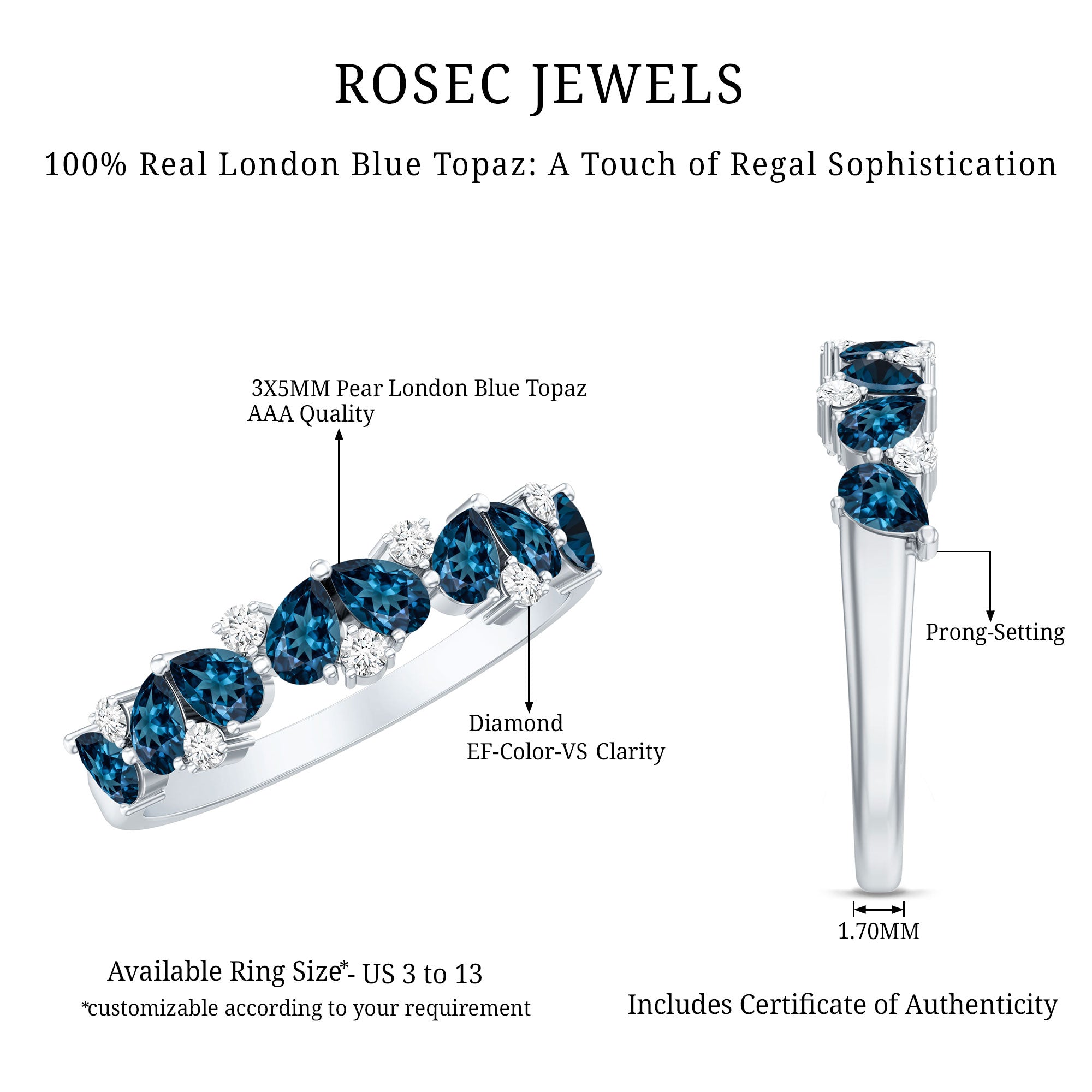 Pear Shape London Blue Topaz Half Eternity Band with Lab Made Diamond AAA - Rosec Jewels