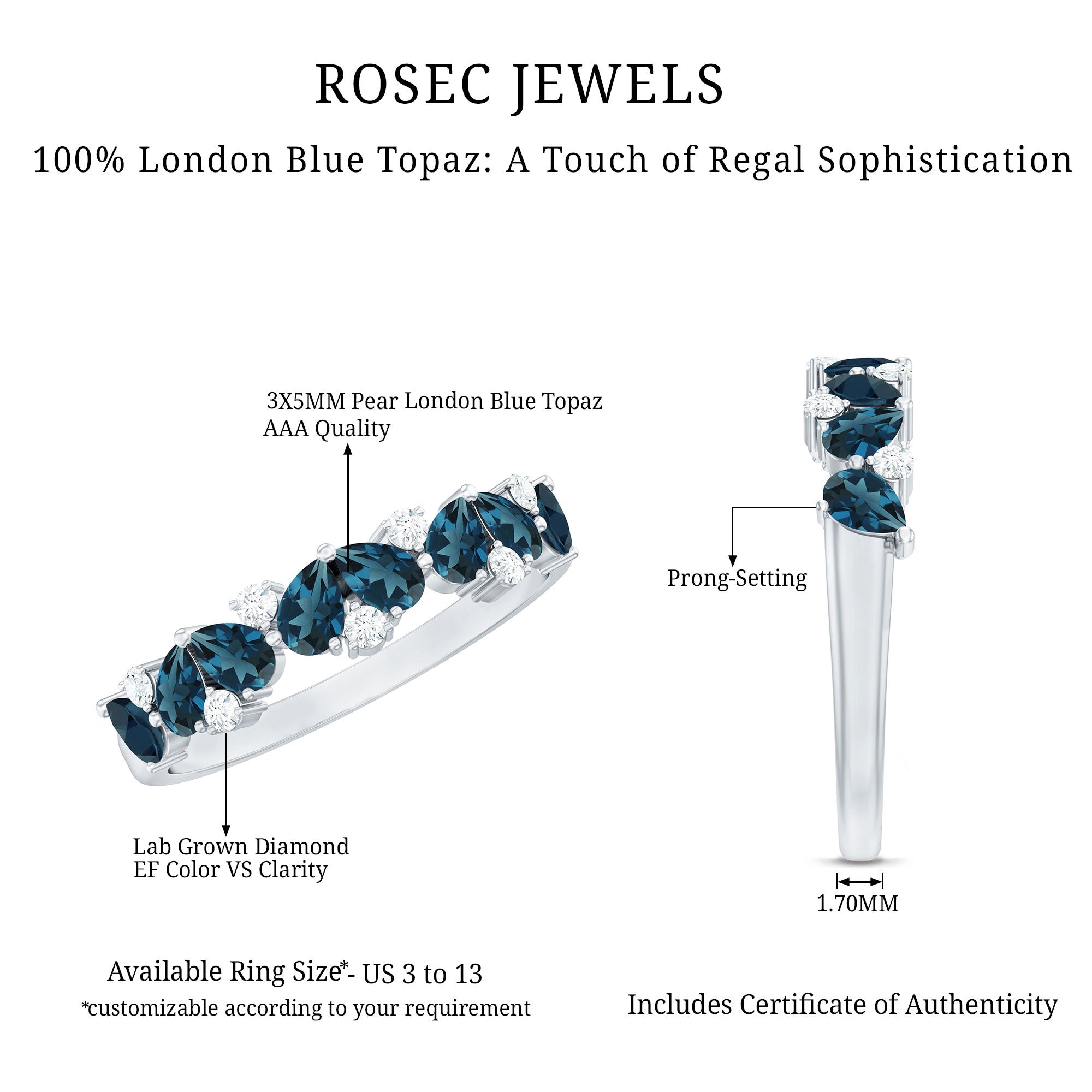Rosec Jewels-Pear Shape London Blue Topaz Half Eternity Band with Lab Made Diamond