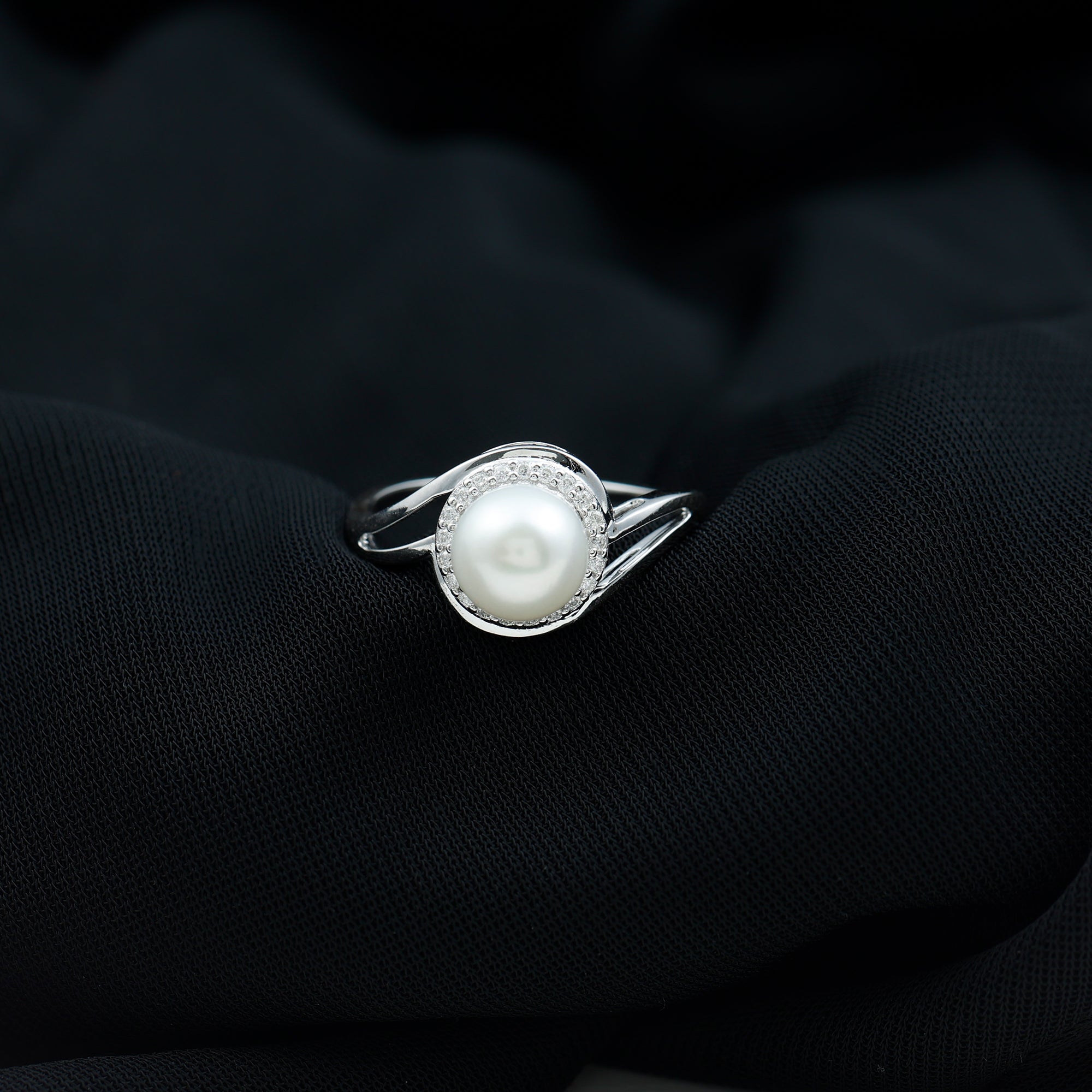 Rosec Jewels-Cultured White 7.4 Carat Freshwater Pearl Diamond Engagement Ring with Bypass Shank