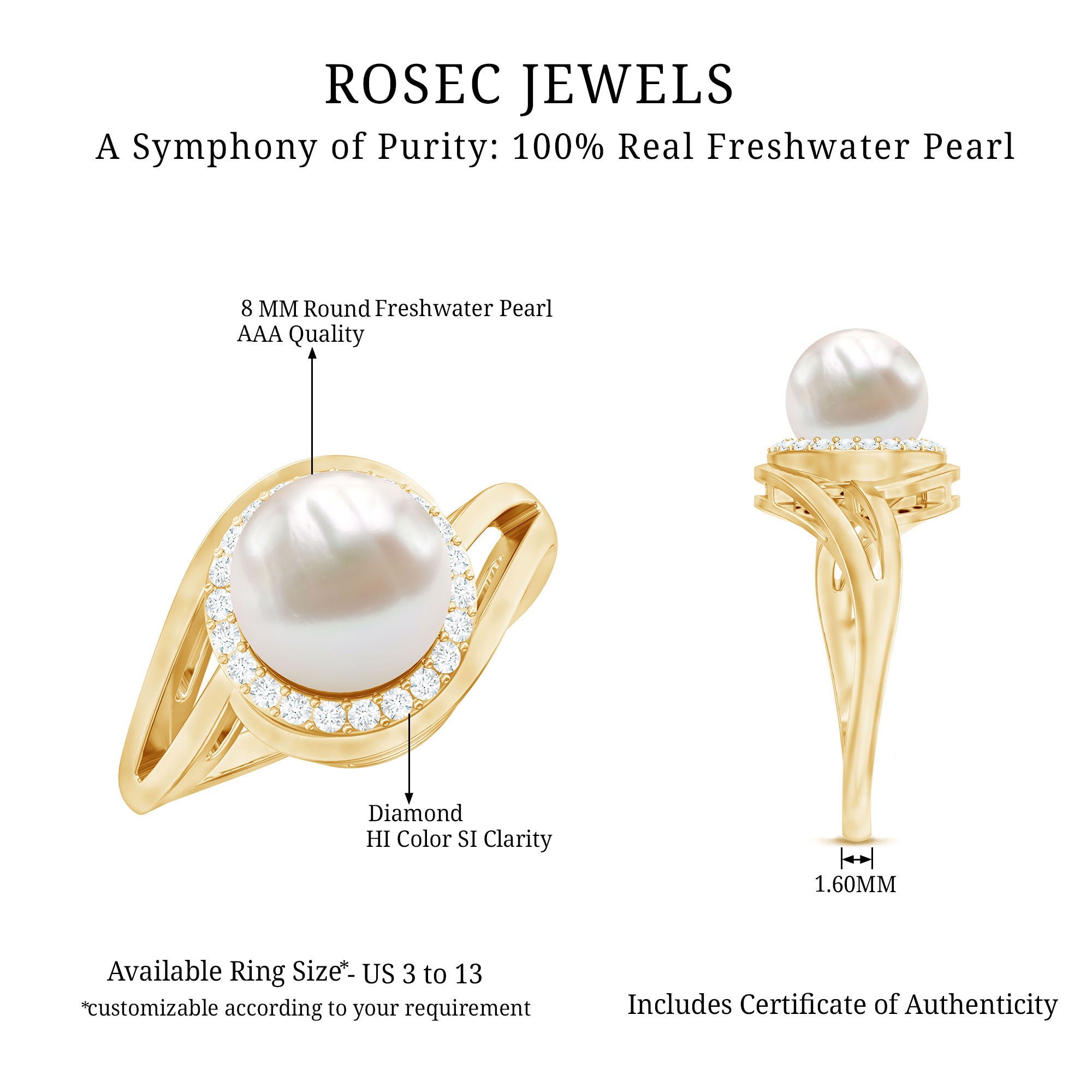 Rosec Jewels-Cultured White 7.4 Carat Freshwater Pearl Diamond Engagement Ring with Bypass Shank