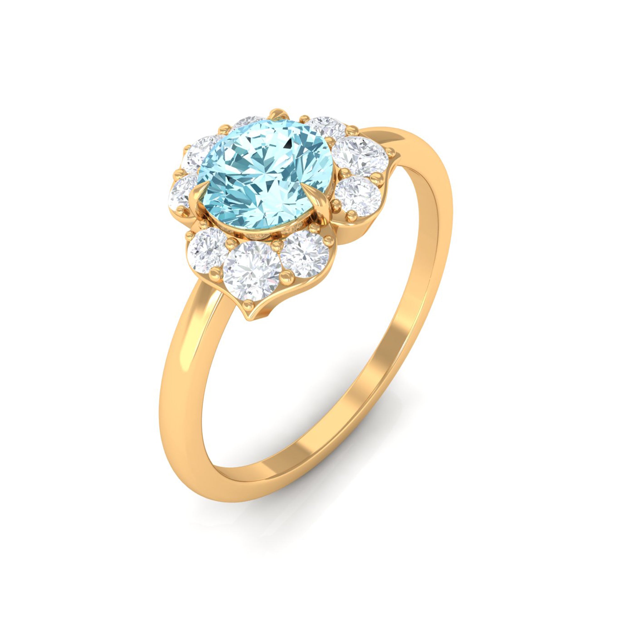 Real Round Aquamarine and Diamond Flower Engagement Ring with Certificate AAA - Rosec Jewels