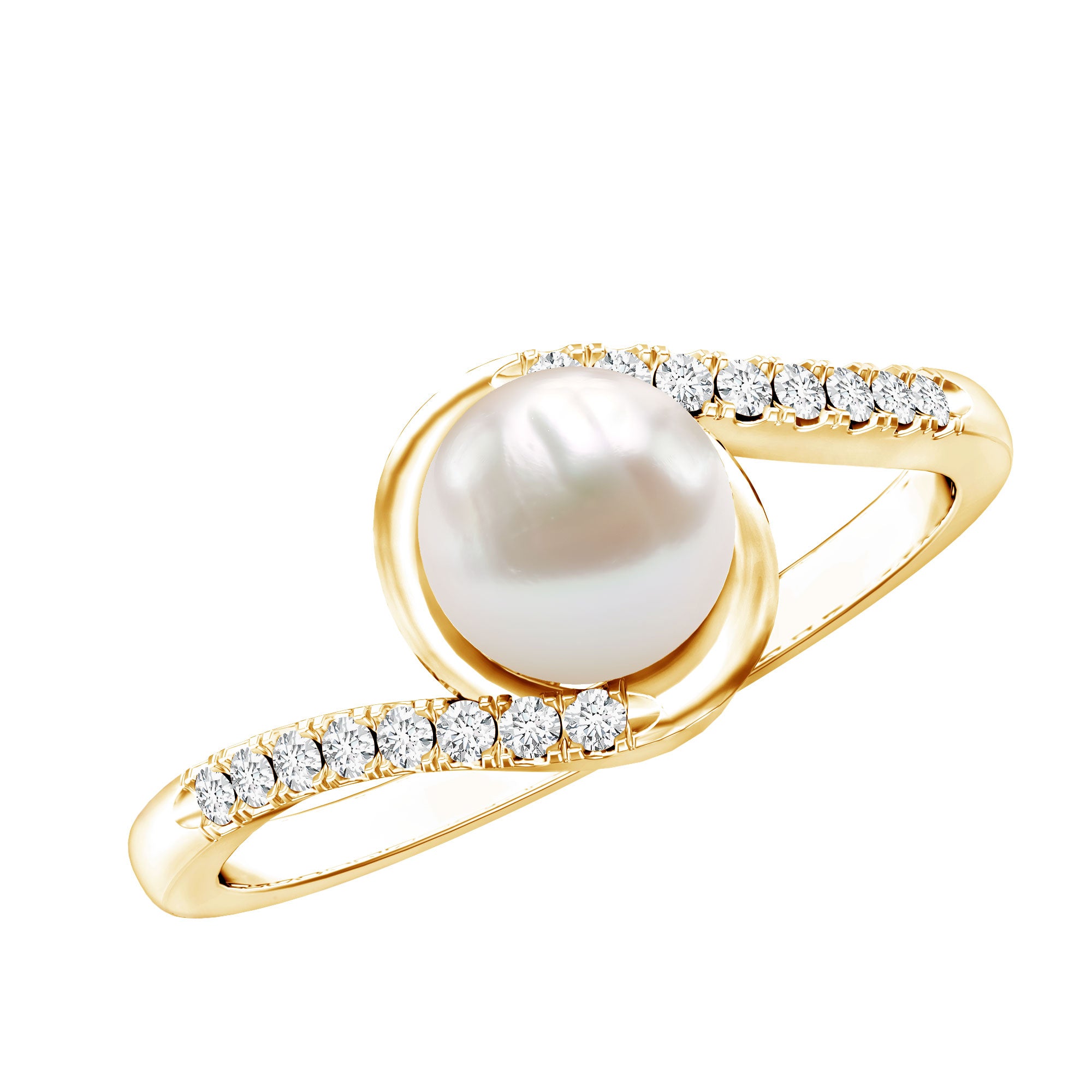 Rosec Jewels-Freshwater Pearl Solitaire Bypass Engagement Ring with Diamond Accent