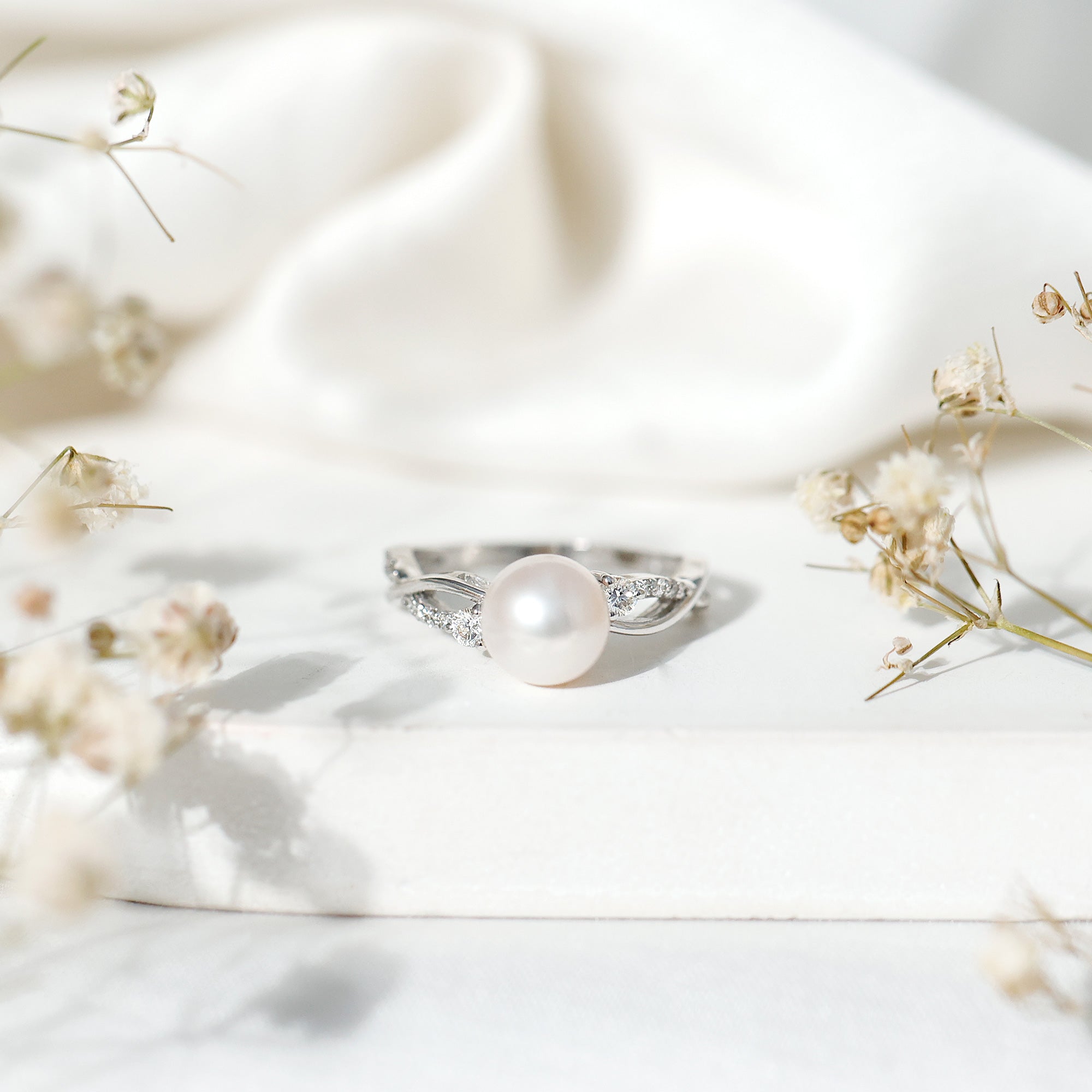 Rosec Jewels-Genuine 7.4 Carat Freshwater Pearl Engagement Ring with Diamond Crossover Shank