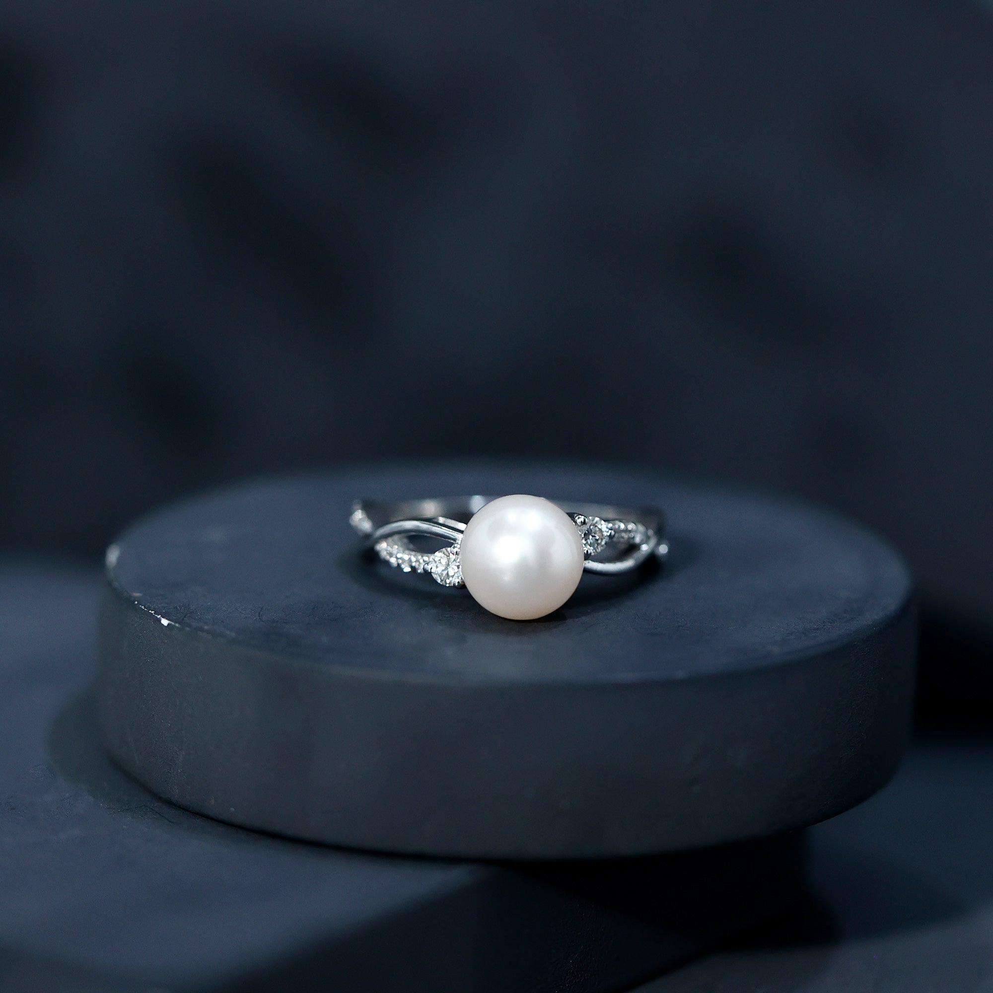 Rosec Jewels-Genuine 7.4 Carat Freshwater Pearl Engagement Ring with Diamond Crossover Shank