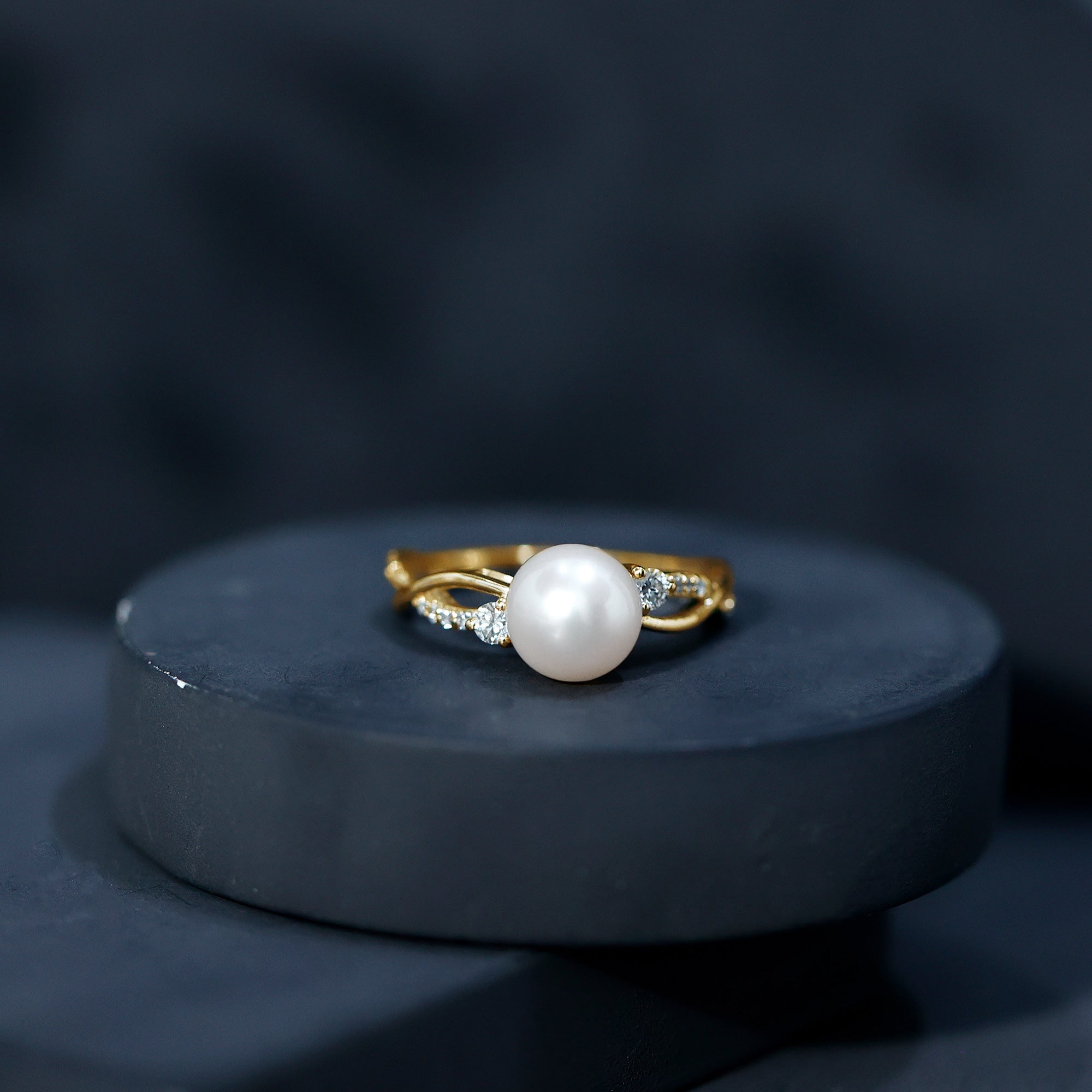 Rosec Jewels-Genuine 7.4 Carat Freshwater Pearl Engagement Ring with Diamond Crossover Shank