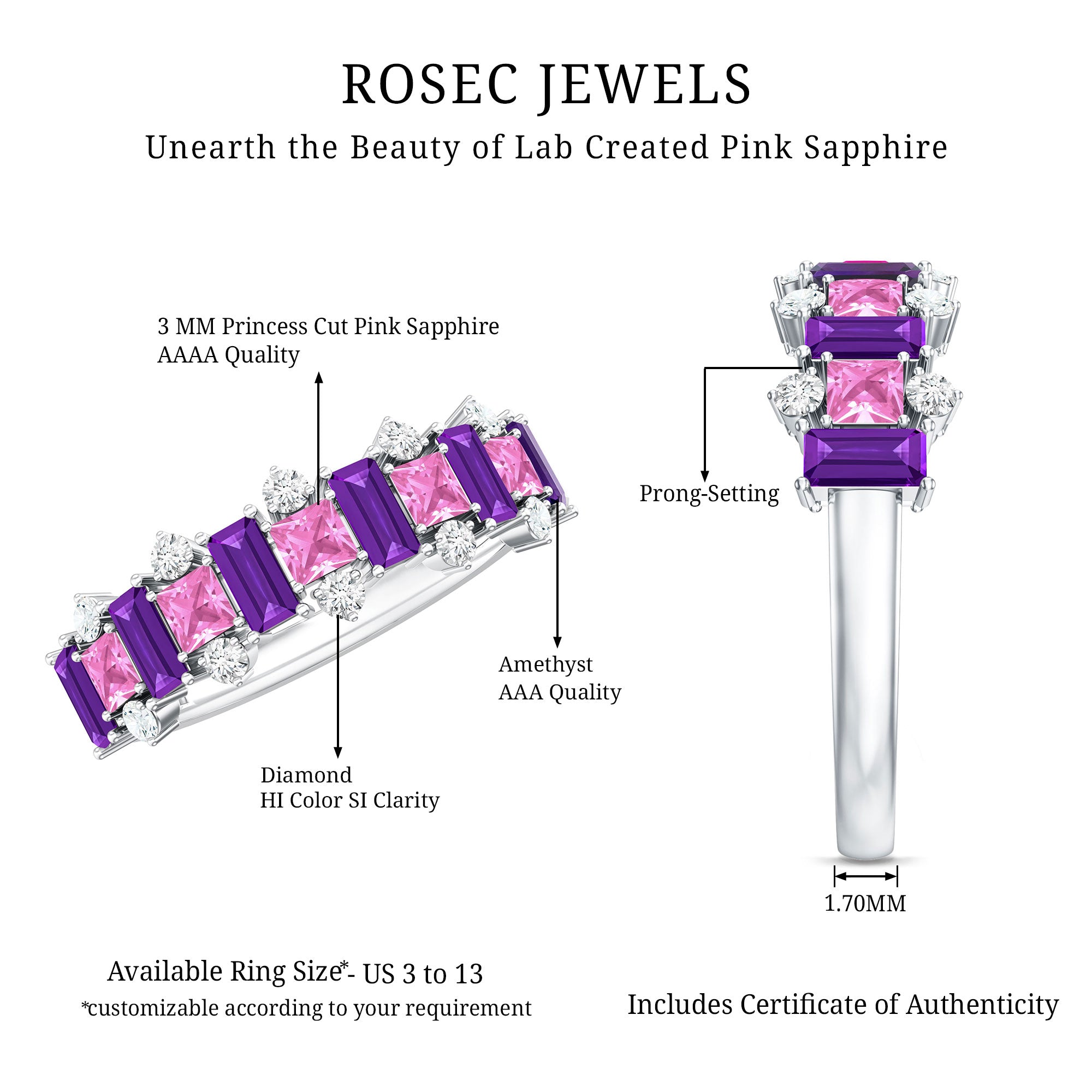 Lab Created Pink Sapphire and Amethyst Half Eternity Band with Diamond AAAA - Rosec Jewels