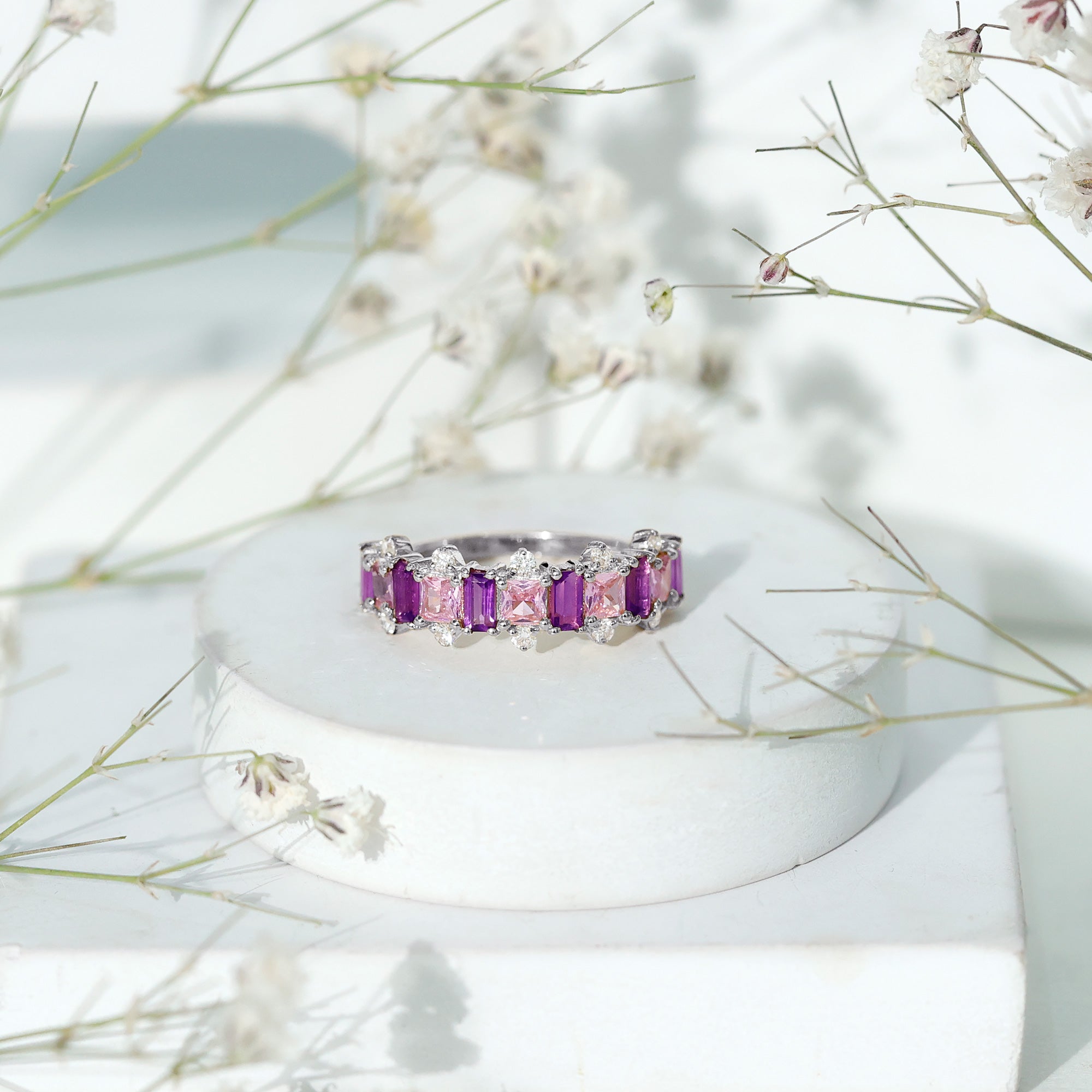 Lab Created Pink Sapphire and Amethyst Half Eternity Band with Diamond AAAA - Rosec Jewels