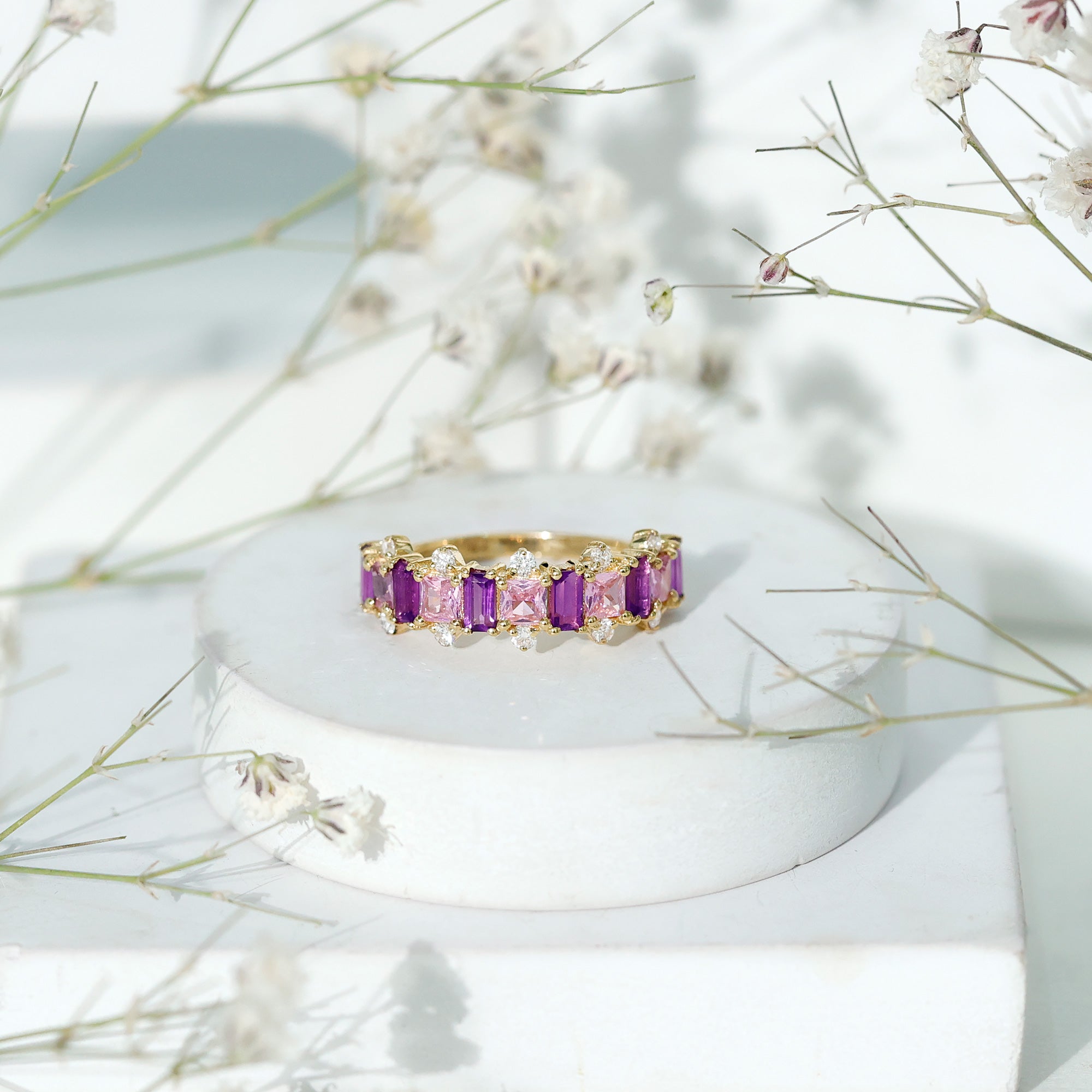 Lab Created Pink Sapphire and Amethyst Half Eternity Band with Diamond AAAA - Rosec Jewels
