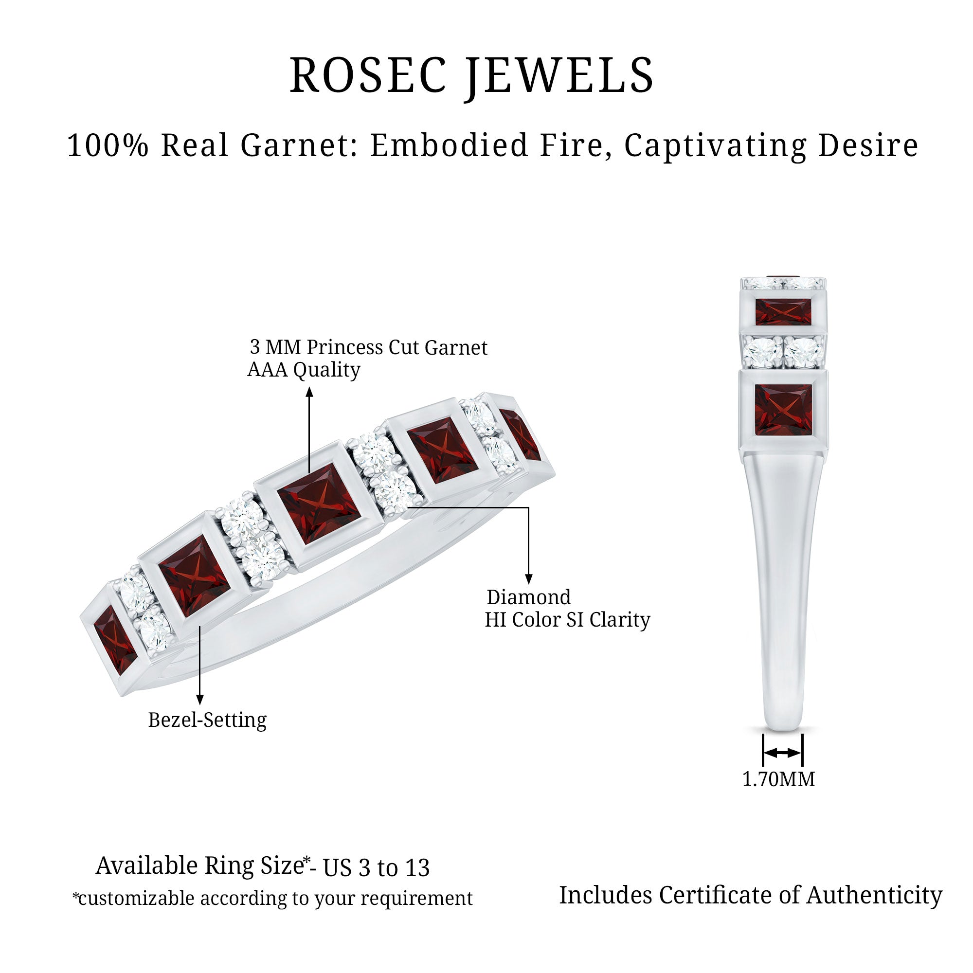 Certified Natural Garnet Diamond Half Eternity Anniversary Ring AAA - Rosec Jewels