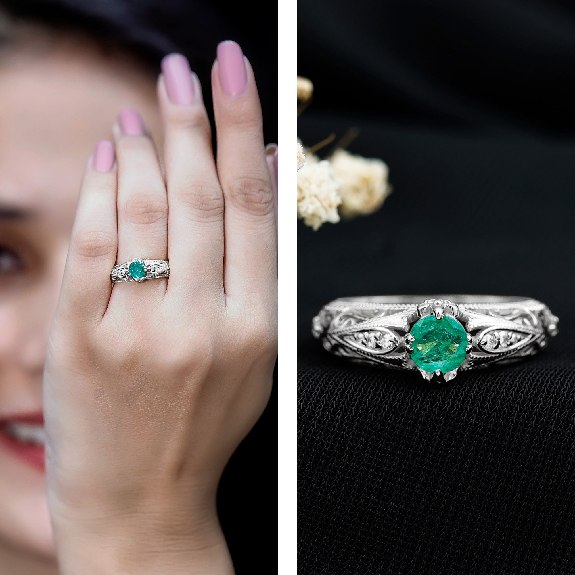 Natural Emerald Diamond Antique Looking Engagement Ring AAA - Rosec Jewels