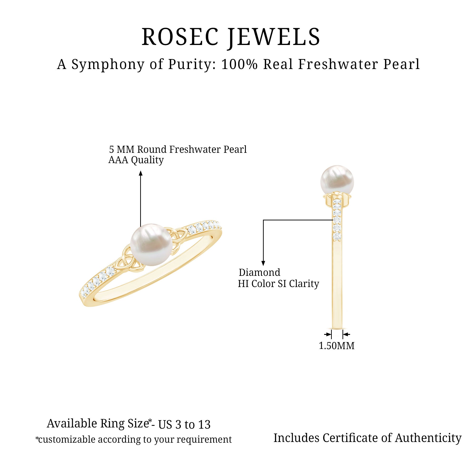 Cultured 2 Carat Freshwater Pearl Diamond Promise Ring with Celtic Knot AAA - Rosec Jewels