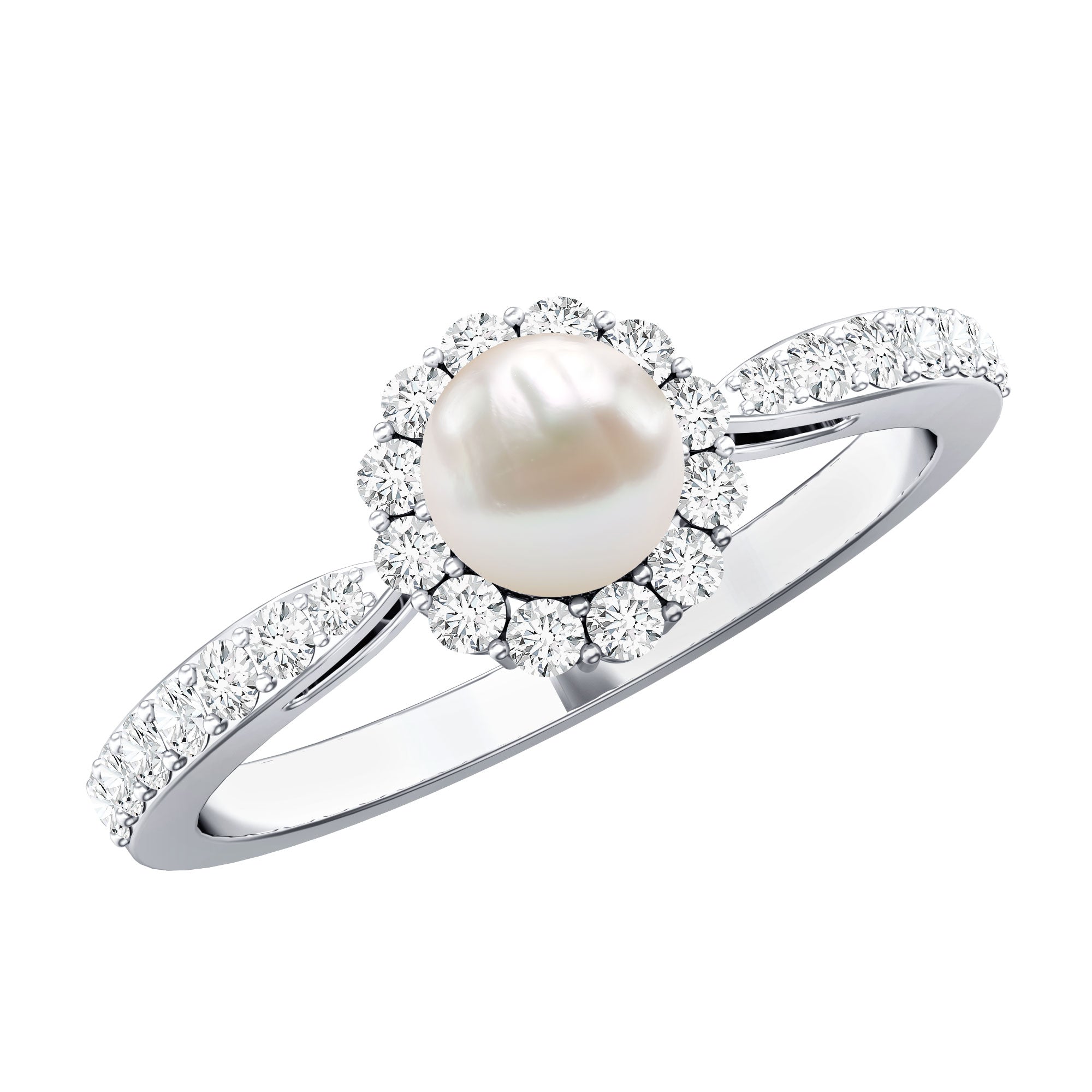 Rosec Jewels-Cultured Freshwater Pearl 2 Carat Engagement Ring with Diamond Halo