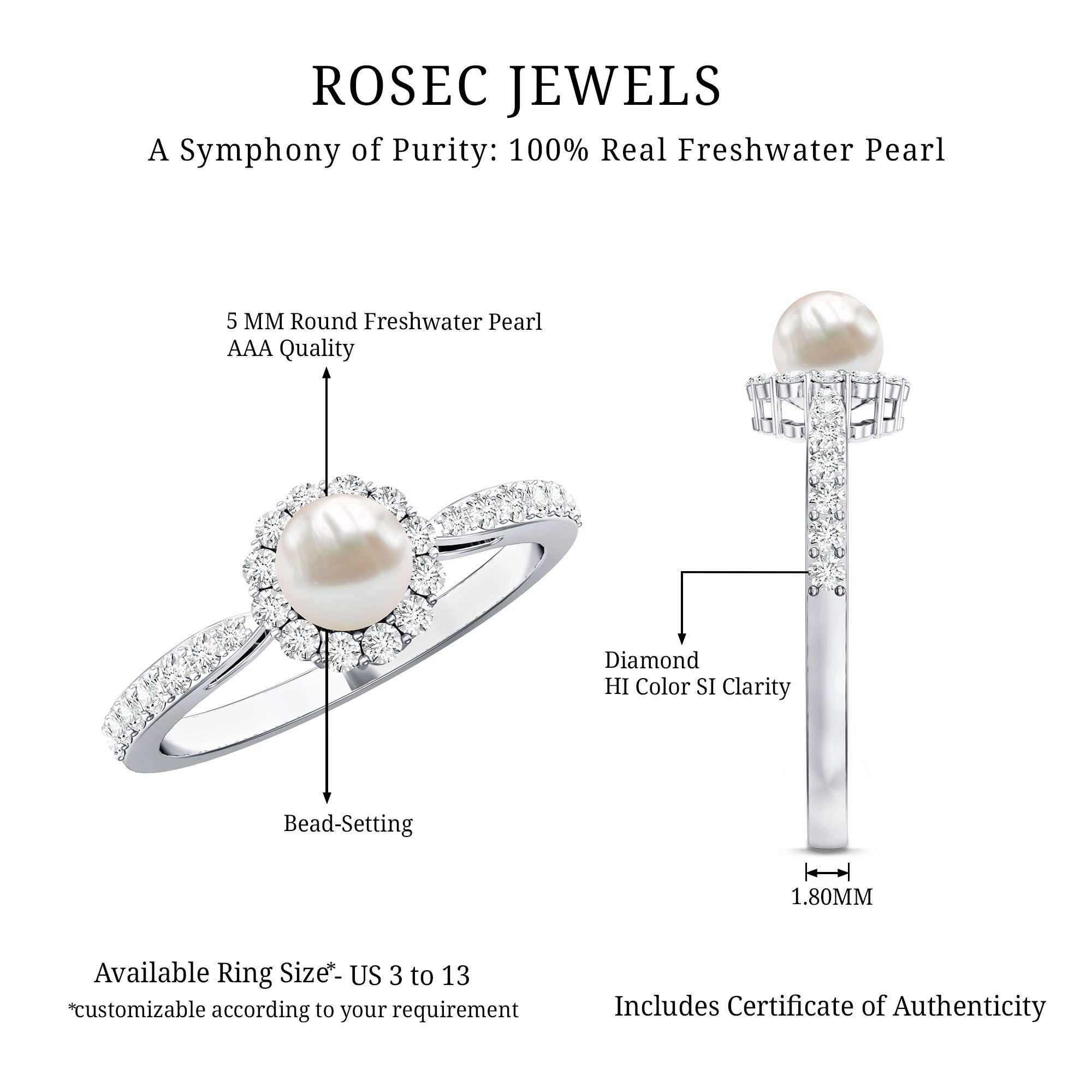 Rosec Jewels-Cultured Freshwater Pearl 2 Carat Engagement Ring with Diamond Halo