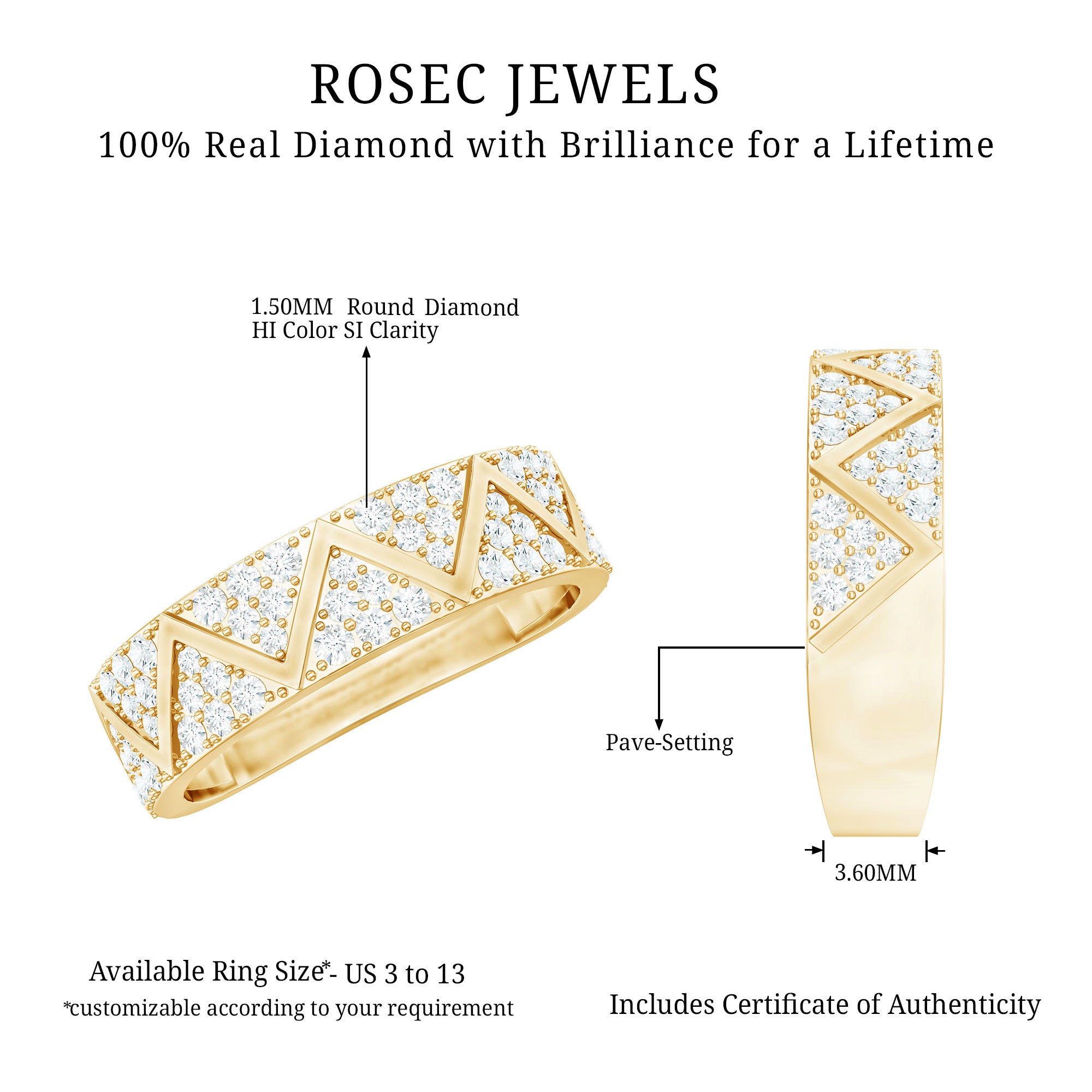 Certified Diamond Designer Wedding Band Ring Natural - ( HI-SI ) - Rosec Jewels