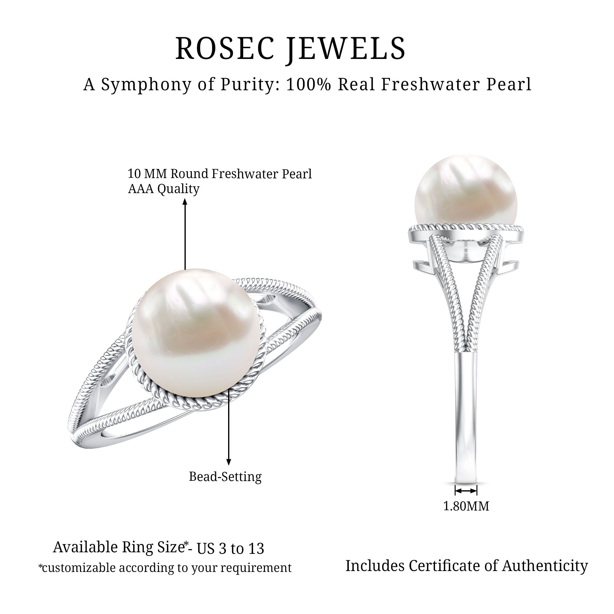 8 Carat Freshwater Pearl Solitaire Engagement Ring in Split Shank AAA - Rosec Jewels
